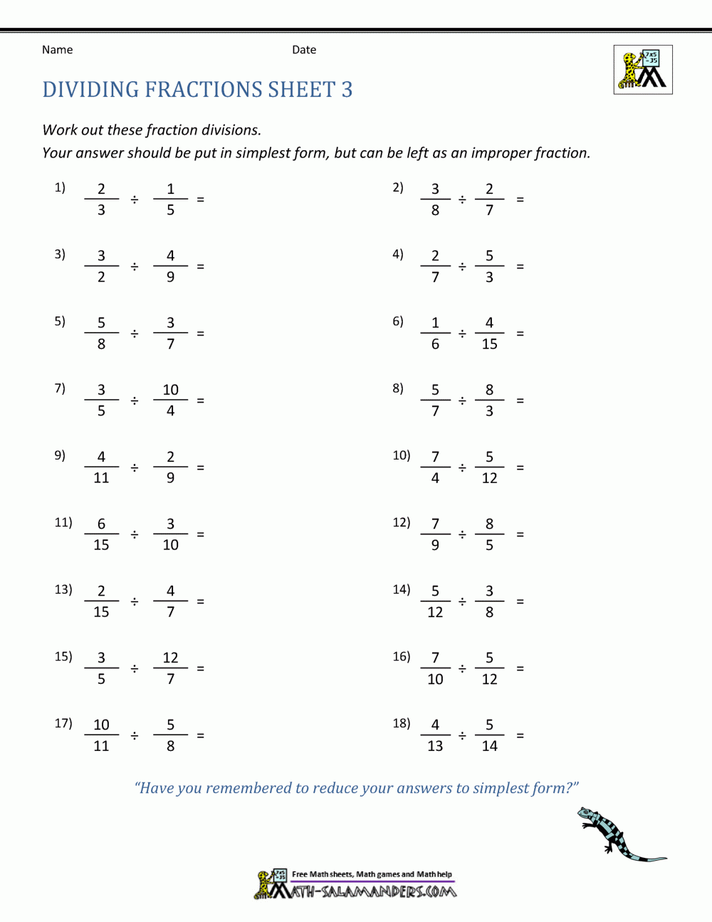 Fractions And Division Worksheets