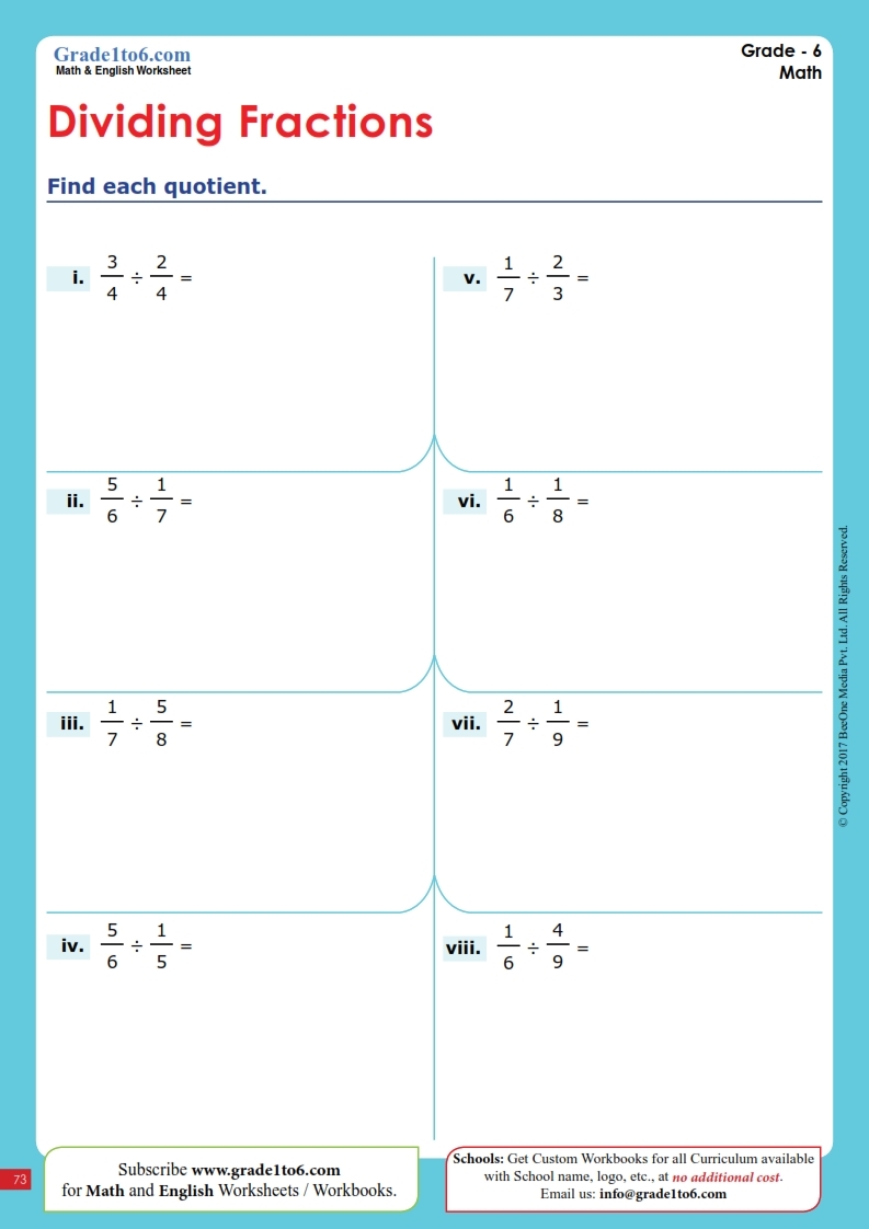 Dividing Fractions Worksheets Grade1to6 Dividing Fractions Worksheets Grade1to6