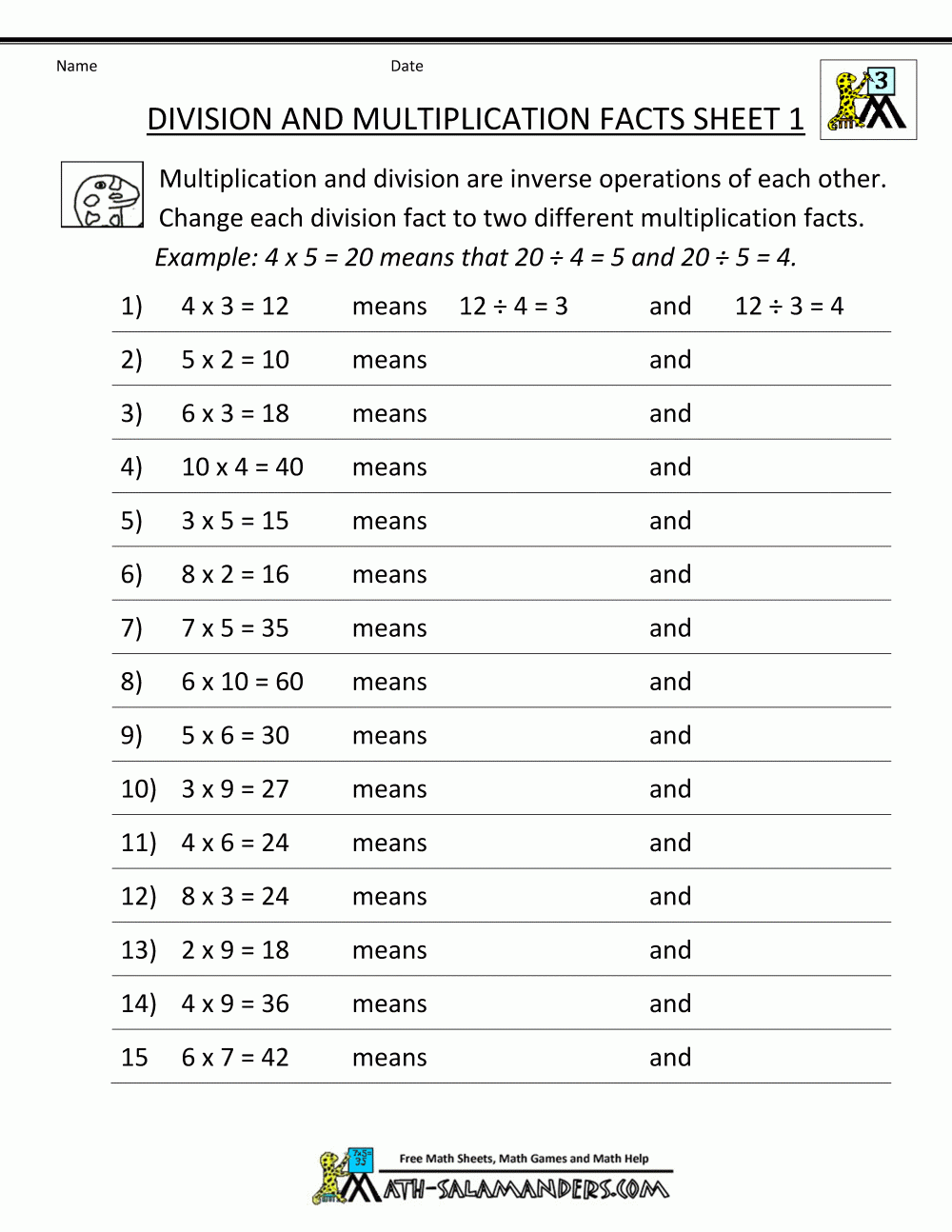 Division Math Facts Worksheets