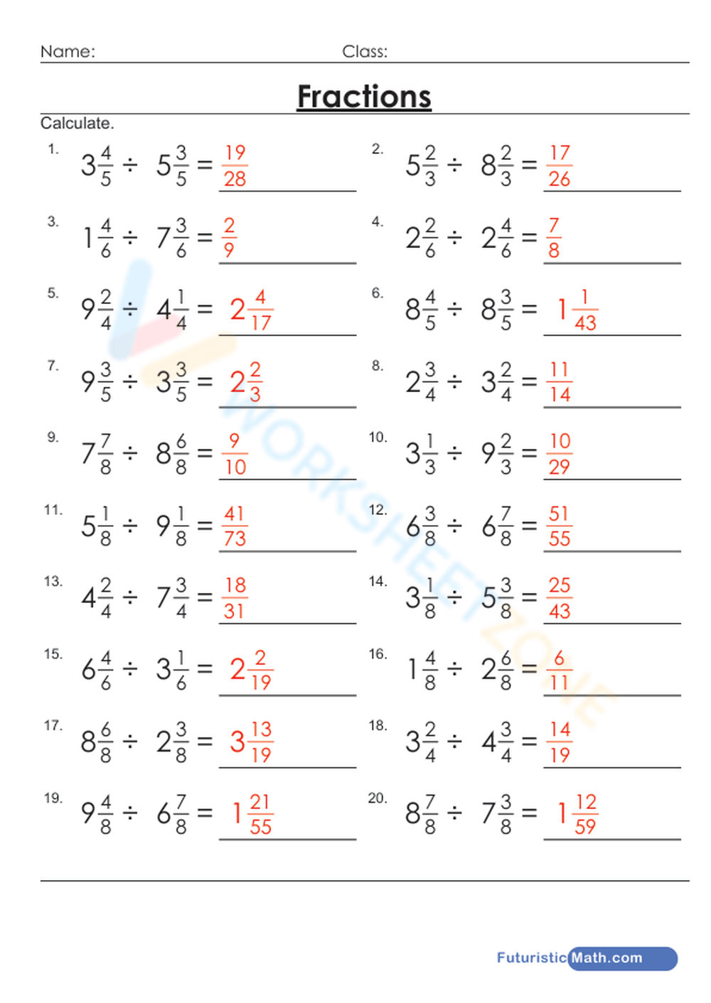fractions and division worksheets