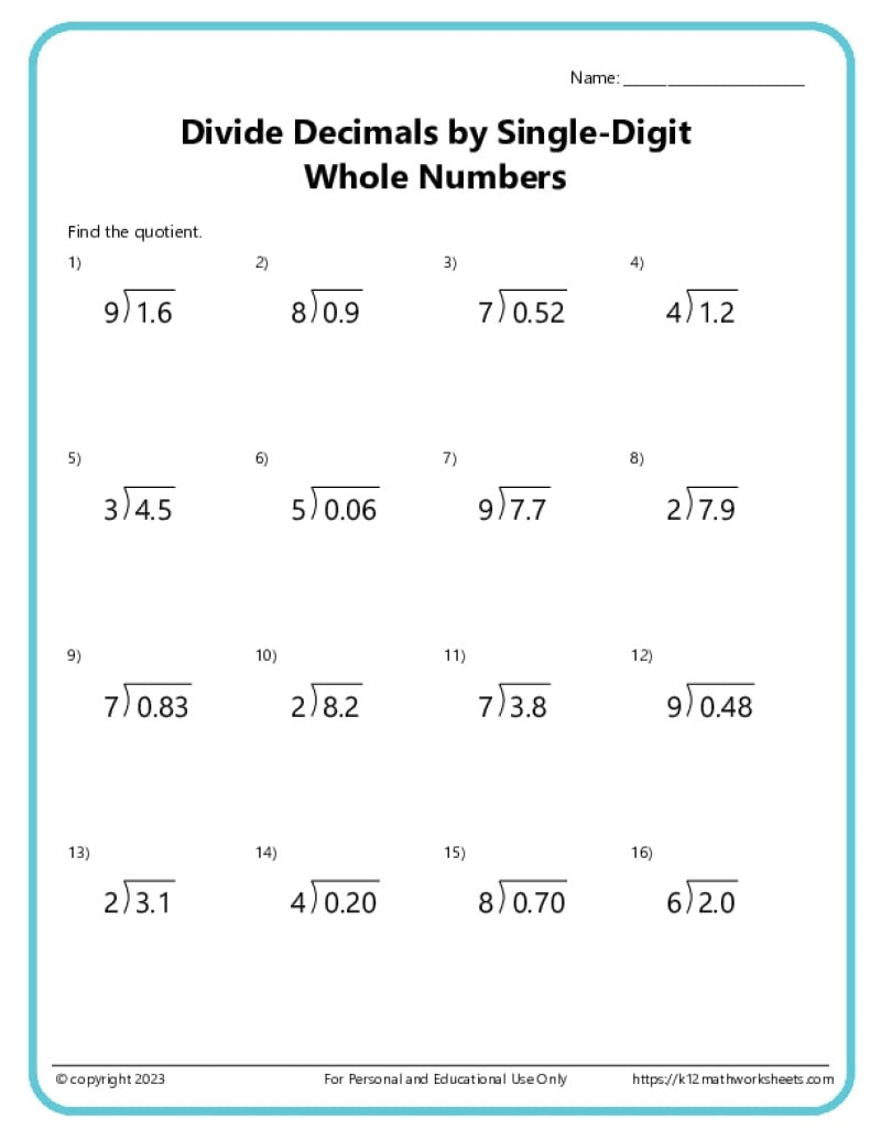 Division With Decimals Worksheets K12 Math Worksheets
