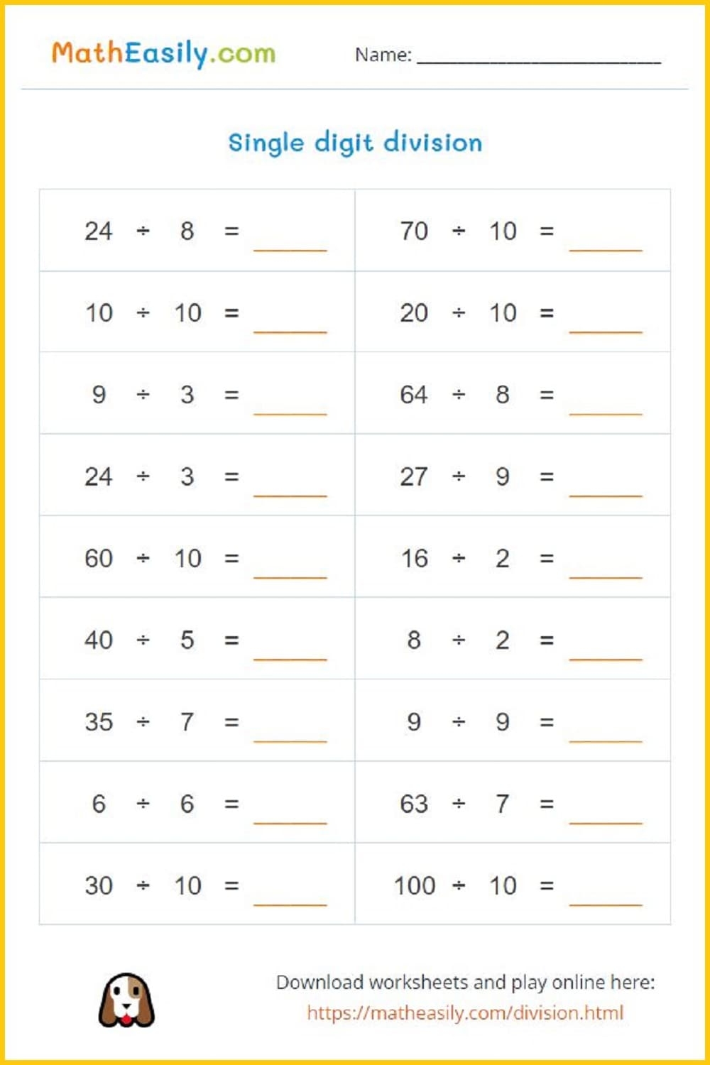 math division worksheets printable