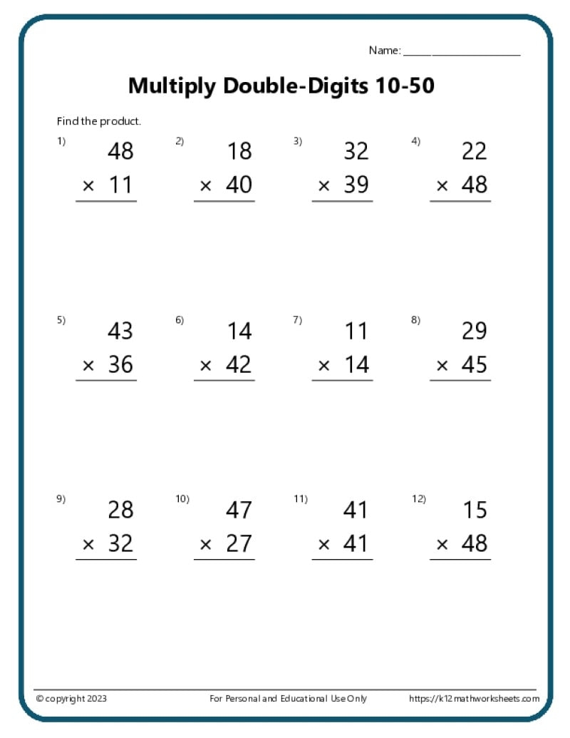 2 Digit Multiplication Worksheets