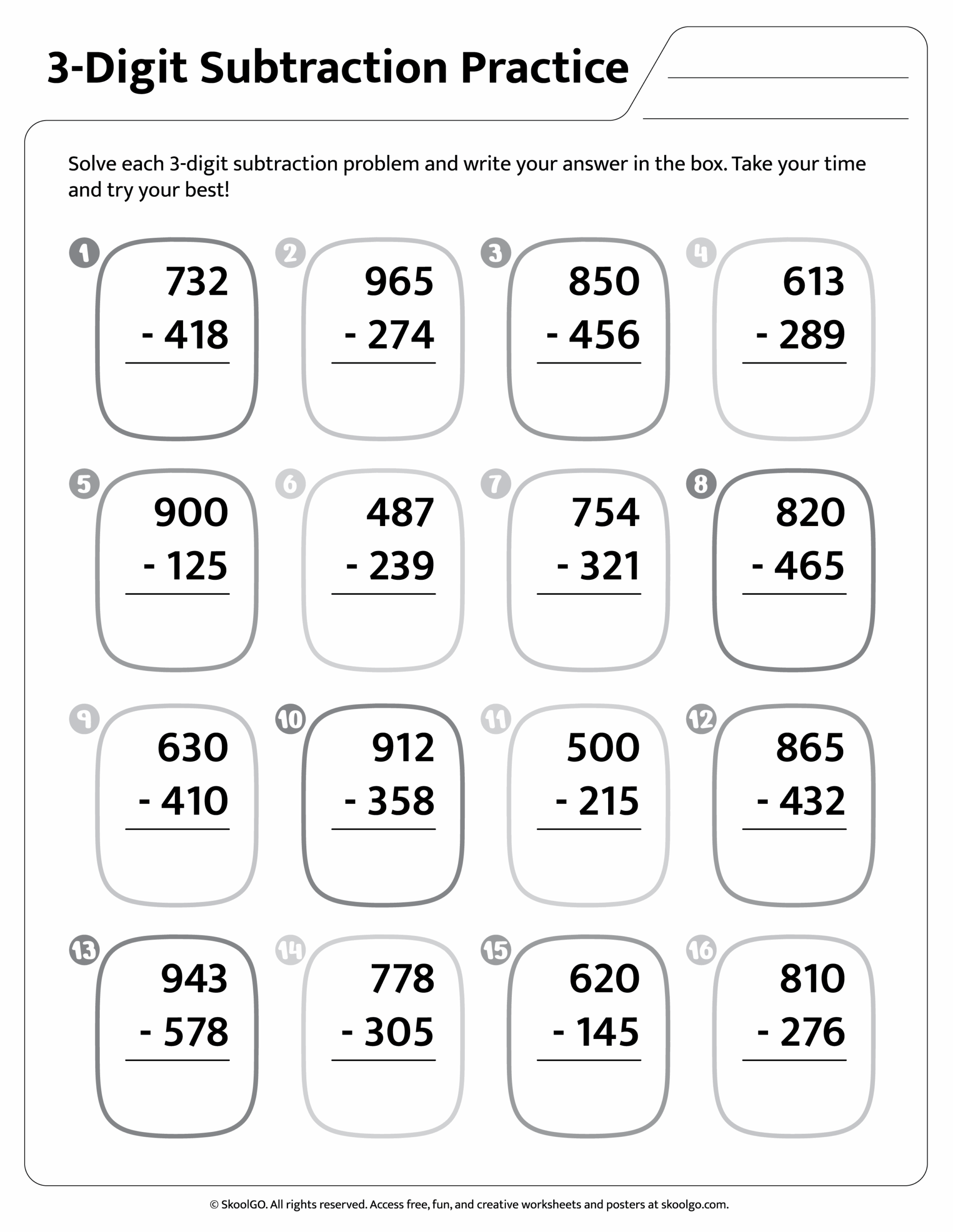 Downloadable 3 Digit Subtraction Worksheet For Grades 2 4