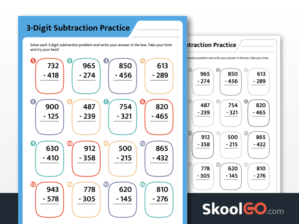 Downloadable 3 Digit Subtraction Worksheet For Grades 2 4