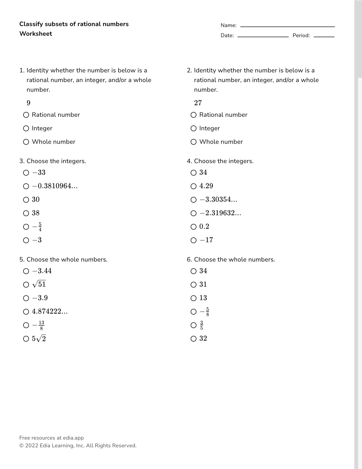 Classifying Real Numbers Worksheet