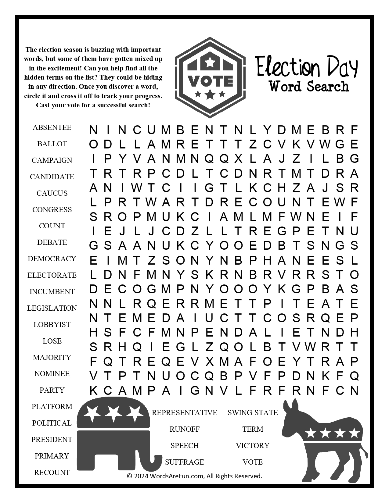 Election Day Word Search Puzzle Voting Civics Democracy Printable Activity PDF Election Day Word Search Puzzle Voting Civics Democracy Printable Activity PDF