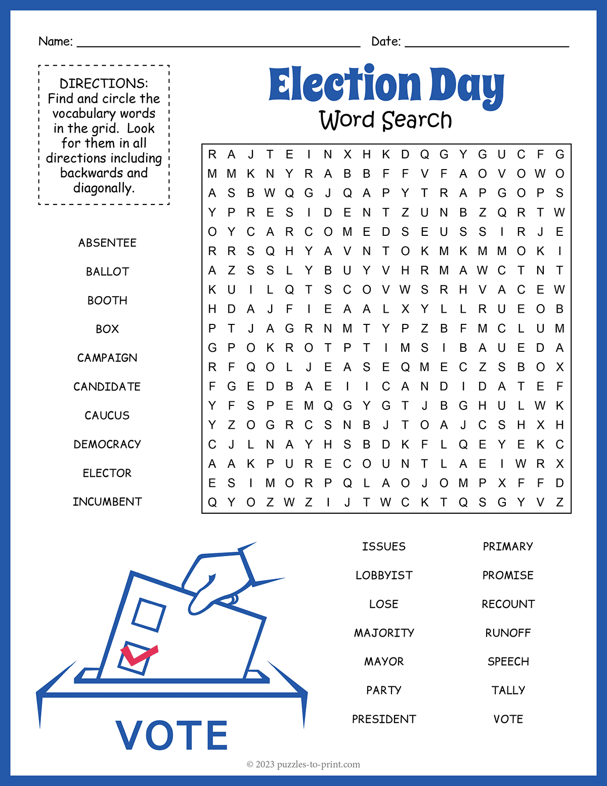 Election Day Word Search Election Day Word Search
