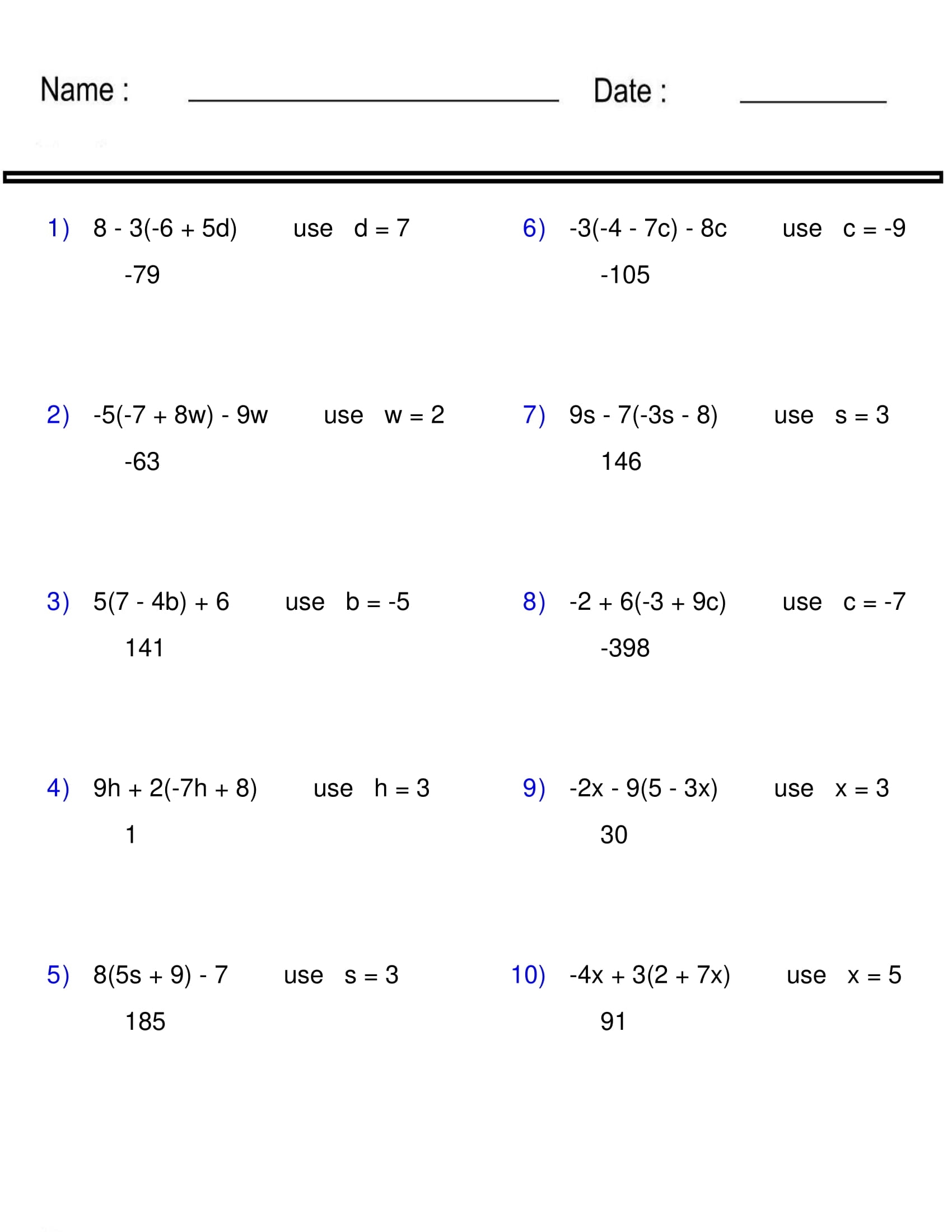 Printable Pre Algebra Worksheets