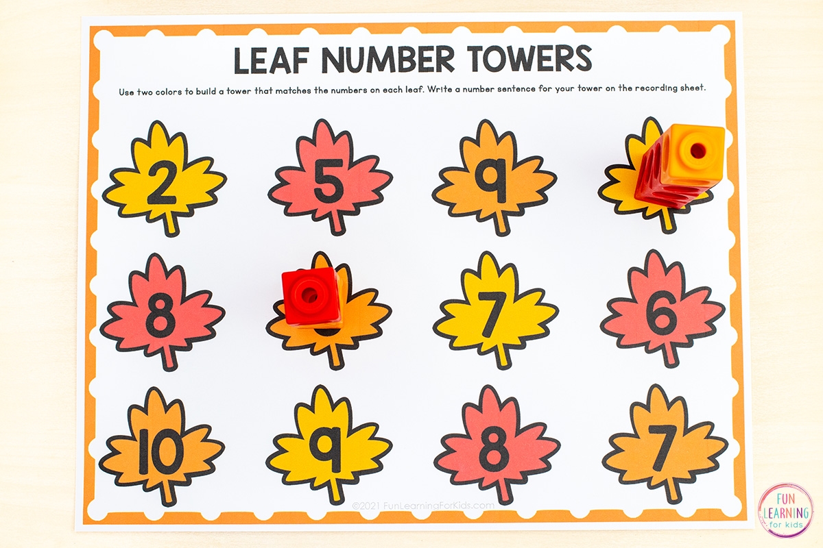 Fall Leaf Number Towers Free Printable Math Activity