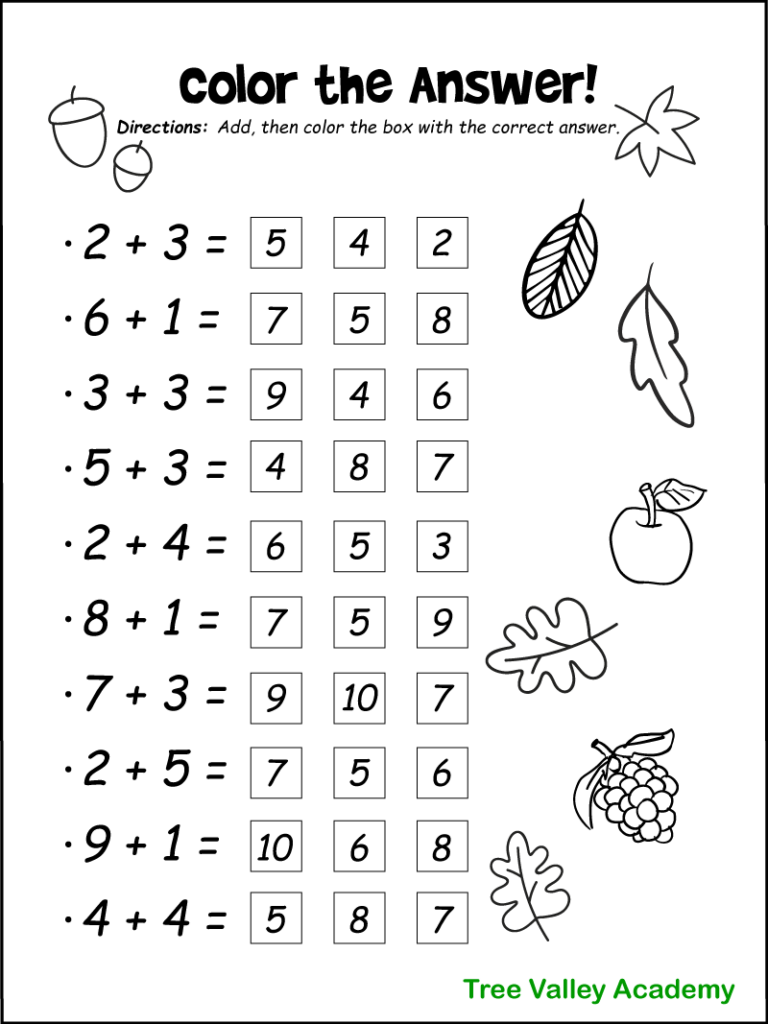 Fall Math Worksheets For Kindergarten Preschool 1st Grade