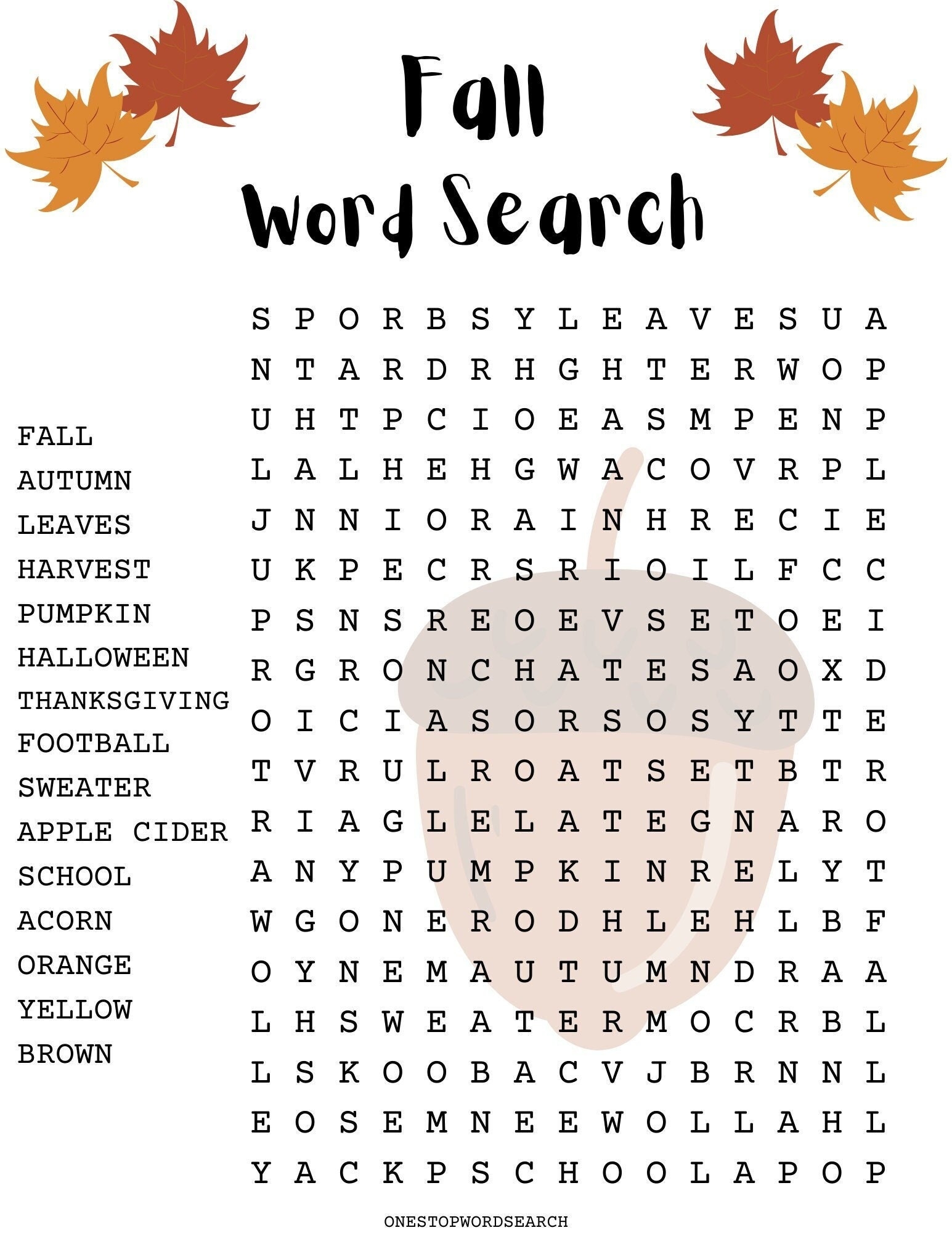 Word Search Puzzles Fall