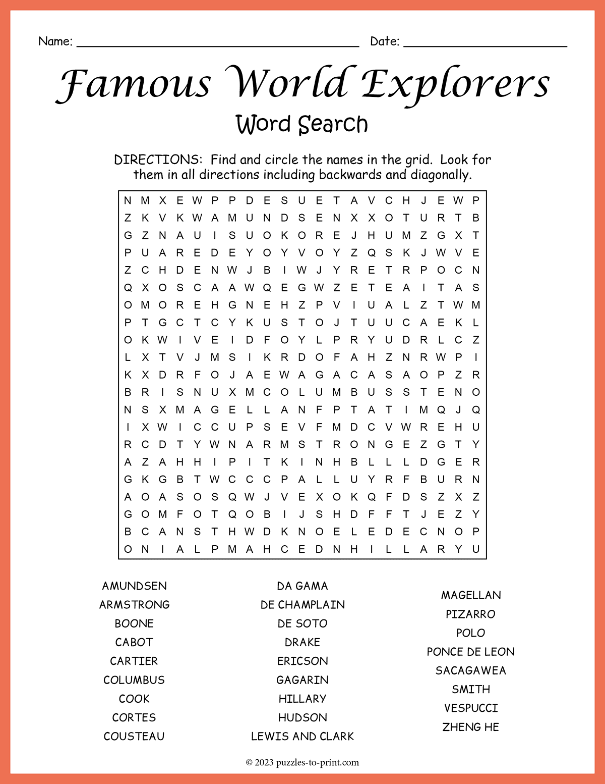 Famous World Explorers Word Search