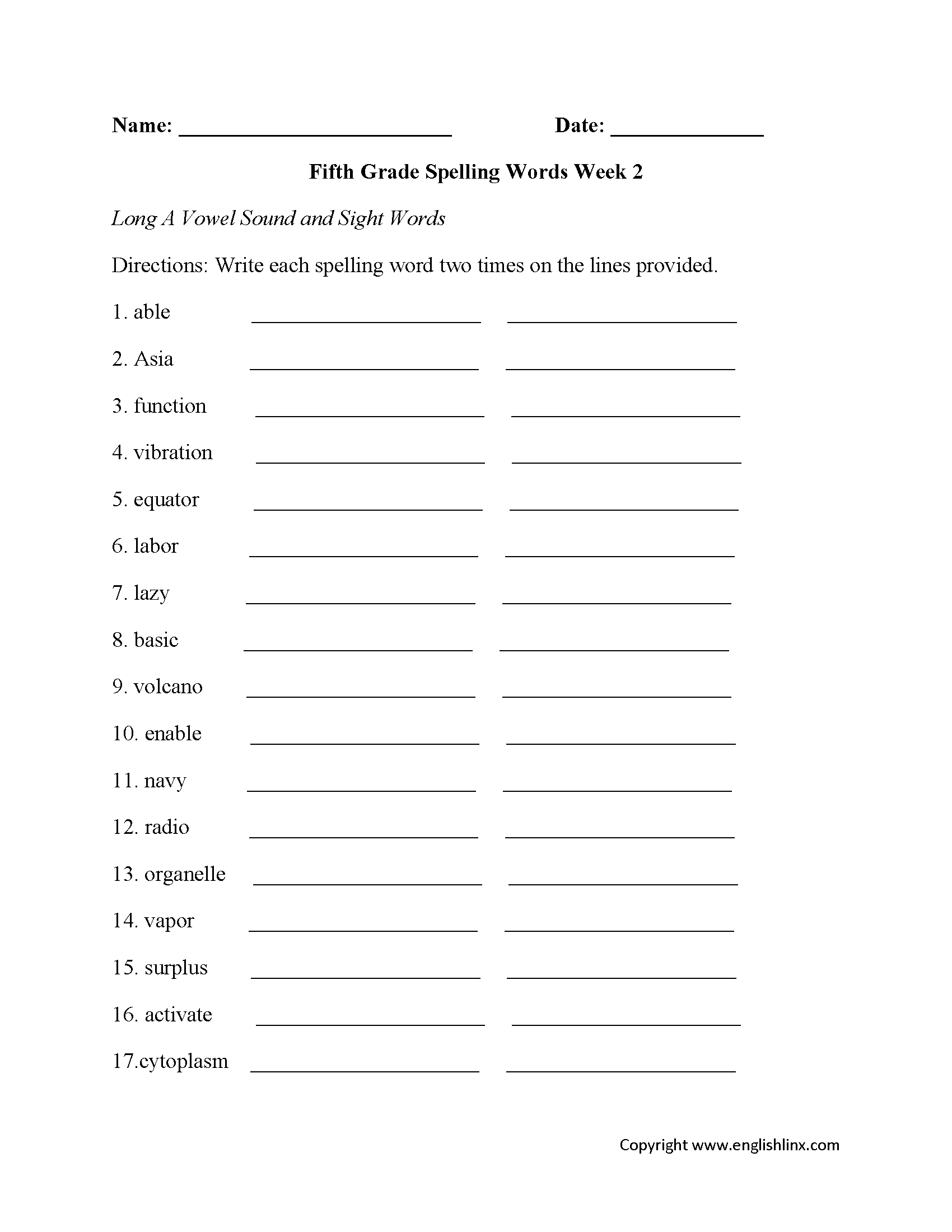 Fifth Grade Spelling Worksheets Printable Word Lists Weekly Practice