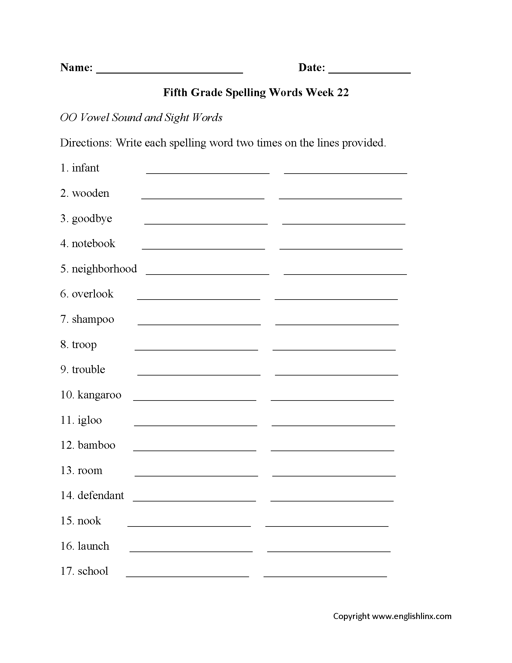 Fifth Grade Spelling Worksheets Printable Word Lists Weekly Practice