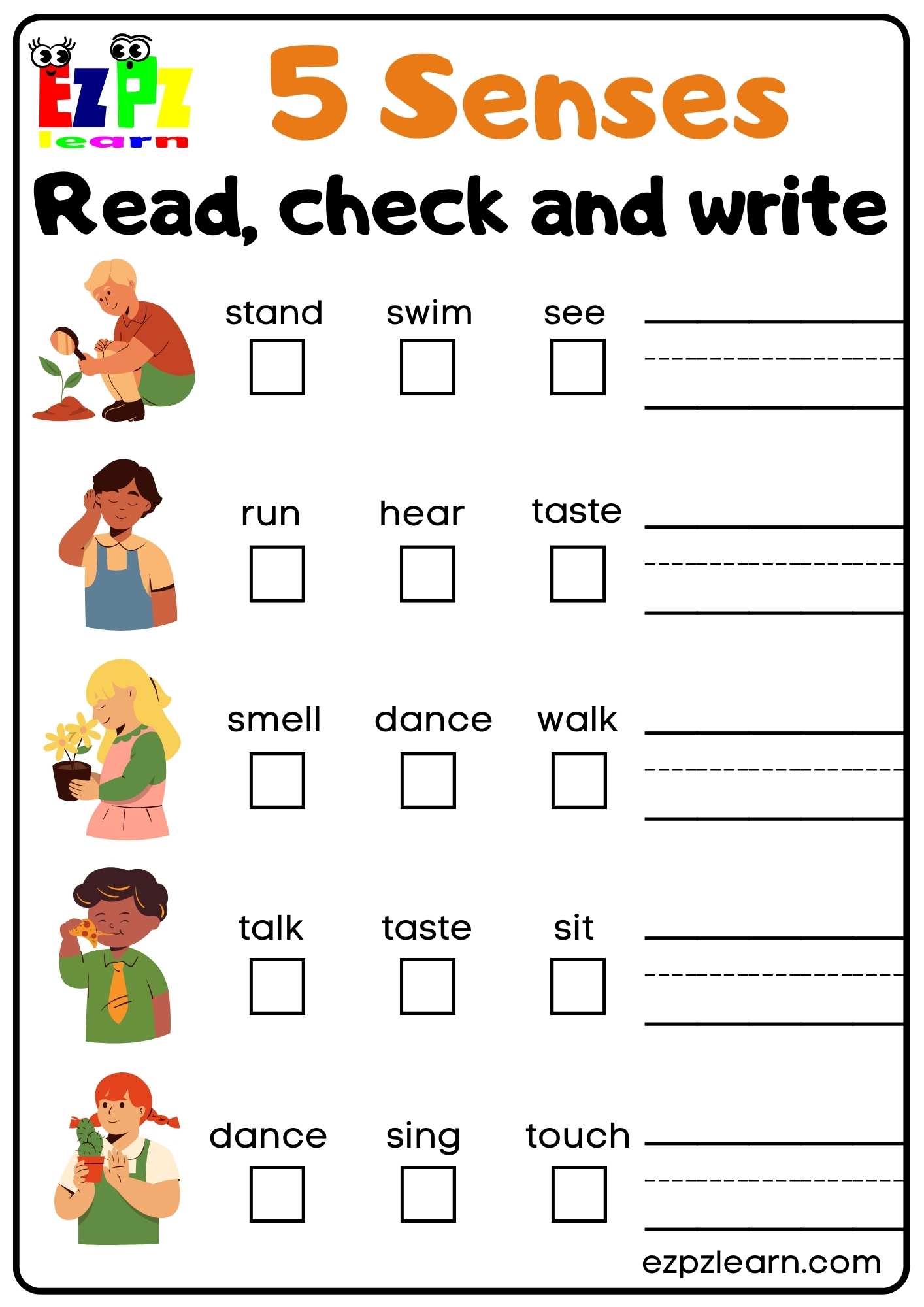 Five Senses Read Check And Write Worksheet For Kindergarten And ESL Students Free Download Ezpzlearn Five Senses Read Check And Write Worksheet For Kindergarten And ESL Students Free Download Ezpzlearn