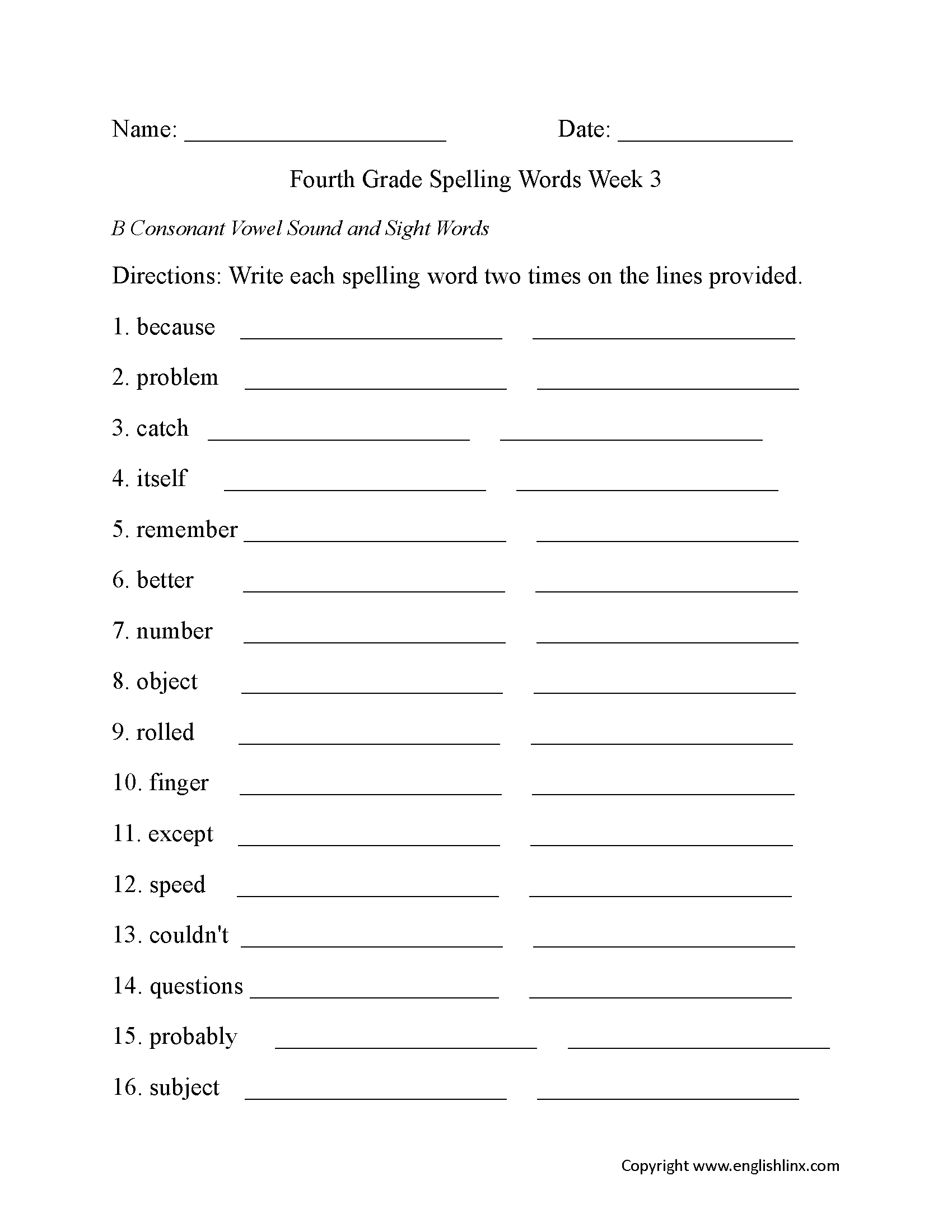 Fourth Grade Spelling Worksheets Free Printable Word Lists Practice