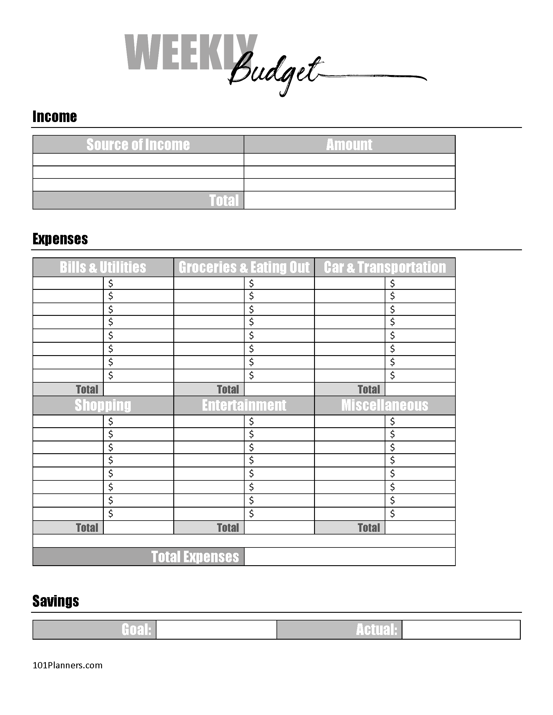 Weekly Budget Worksheet Printable