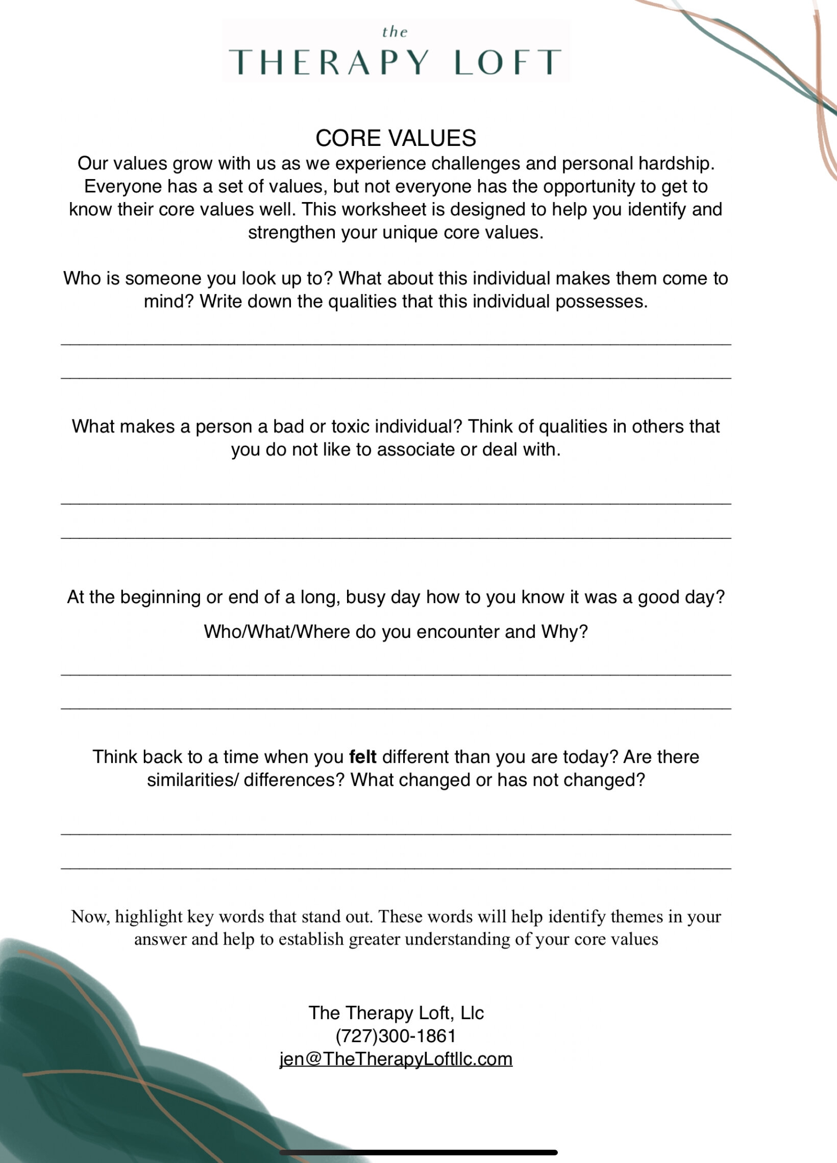Free Core Values Worksheet The Therapy Loft LLC Worksheets Library Free Core Values Worksheet The Therapy Loft LLC Worksheets Library