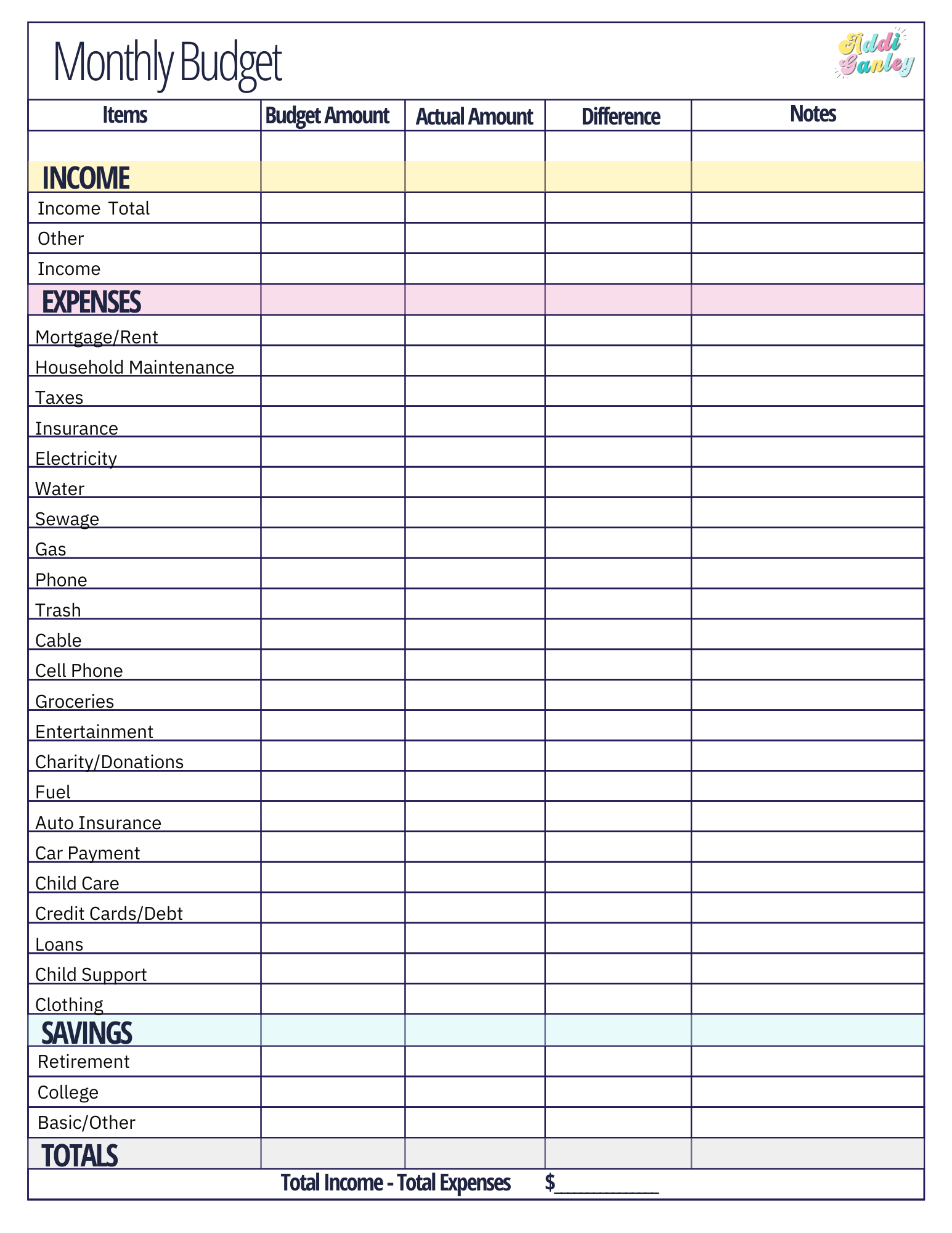monthly budget worksheets printable