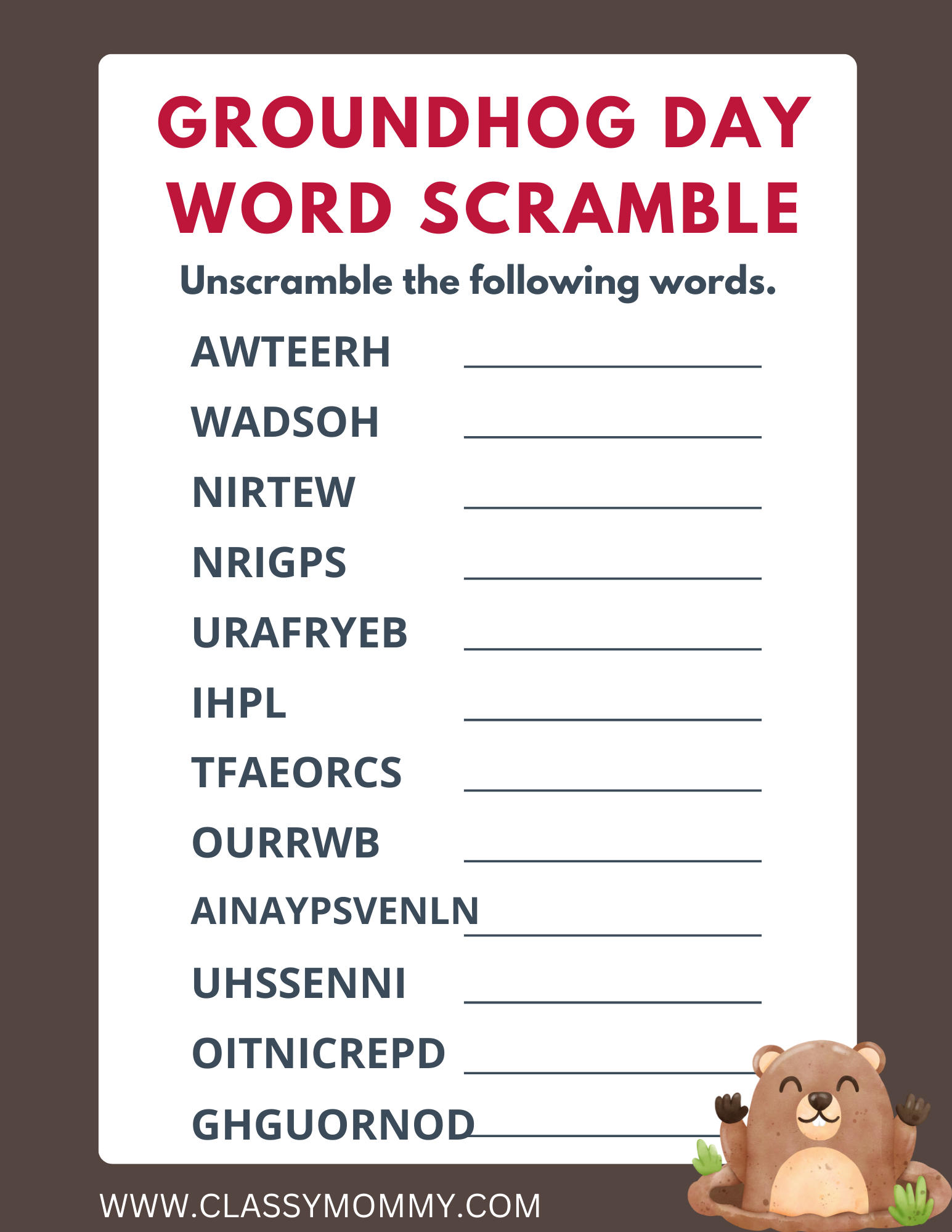 Free Printable Groundhog Day Word Scramble Classy Mommy
