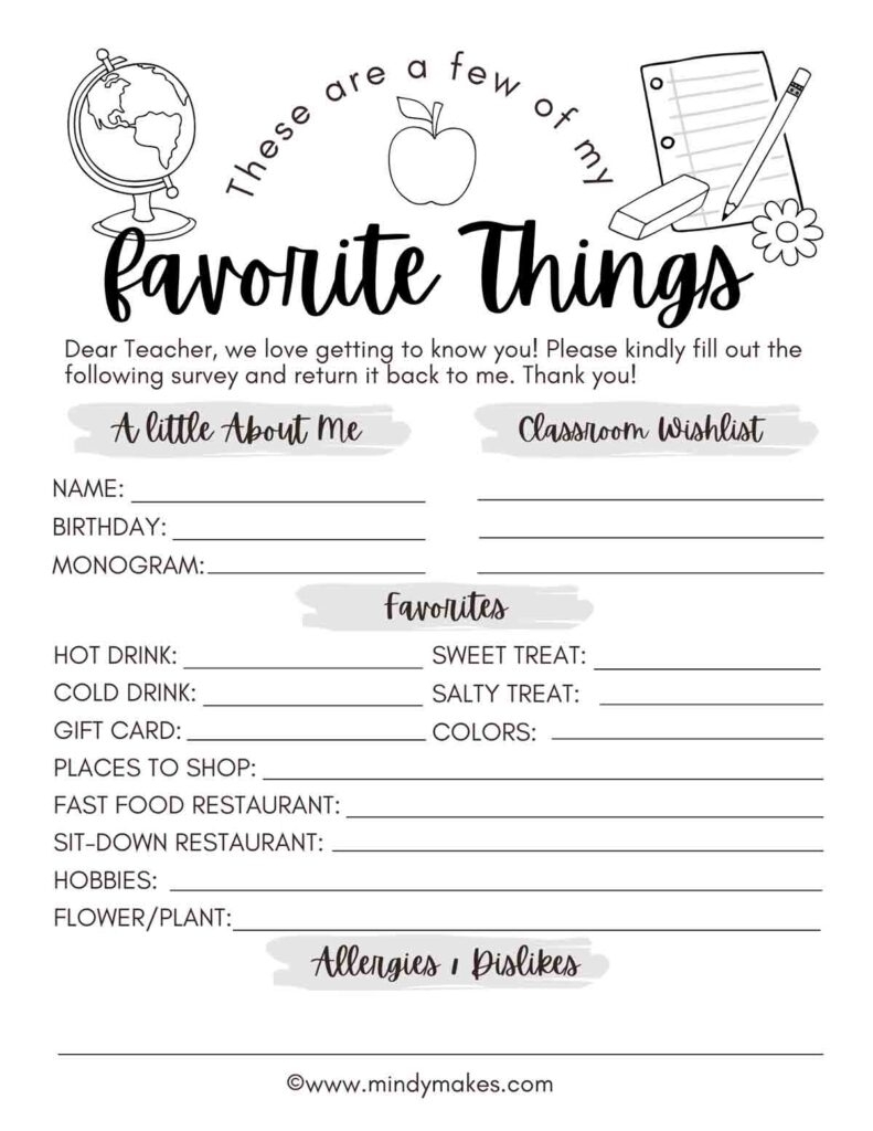 free printable my favorite things worksheet