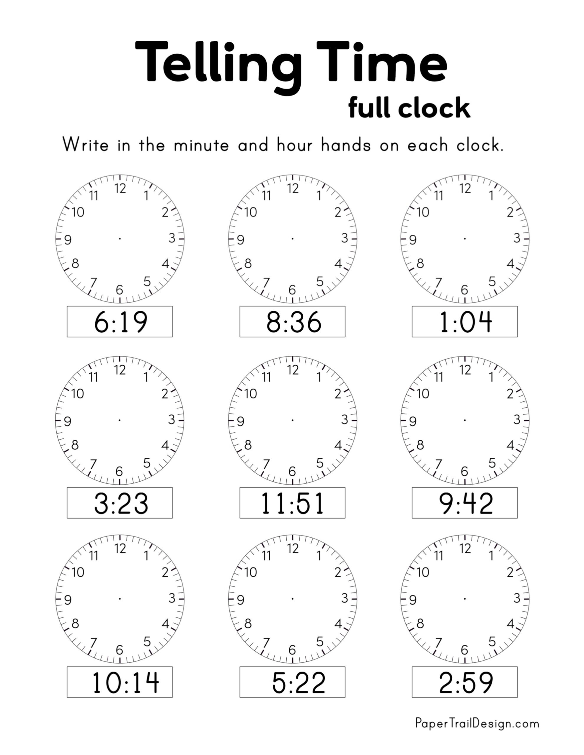 Free Printable Telling Time Worksheets Paper Trail Design