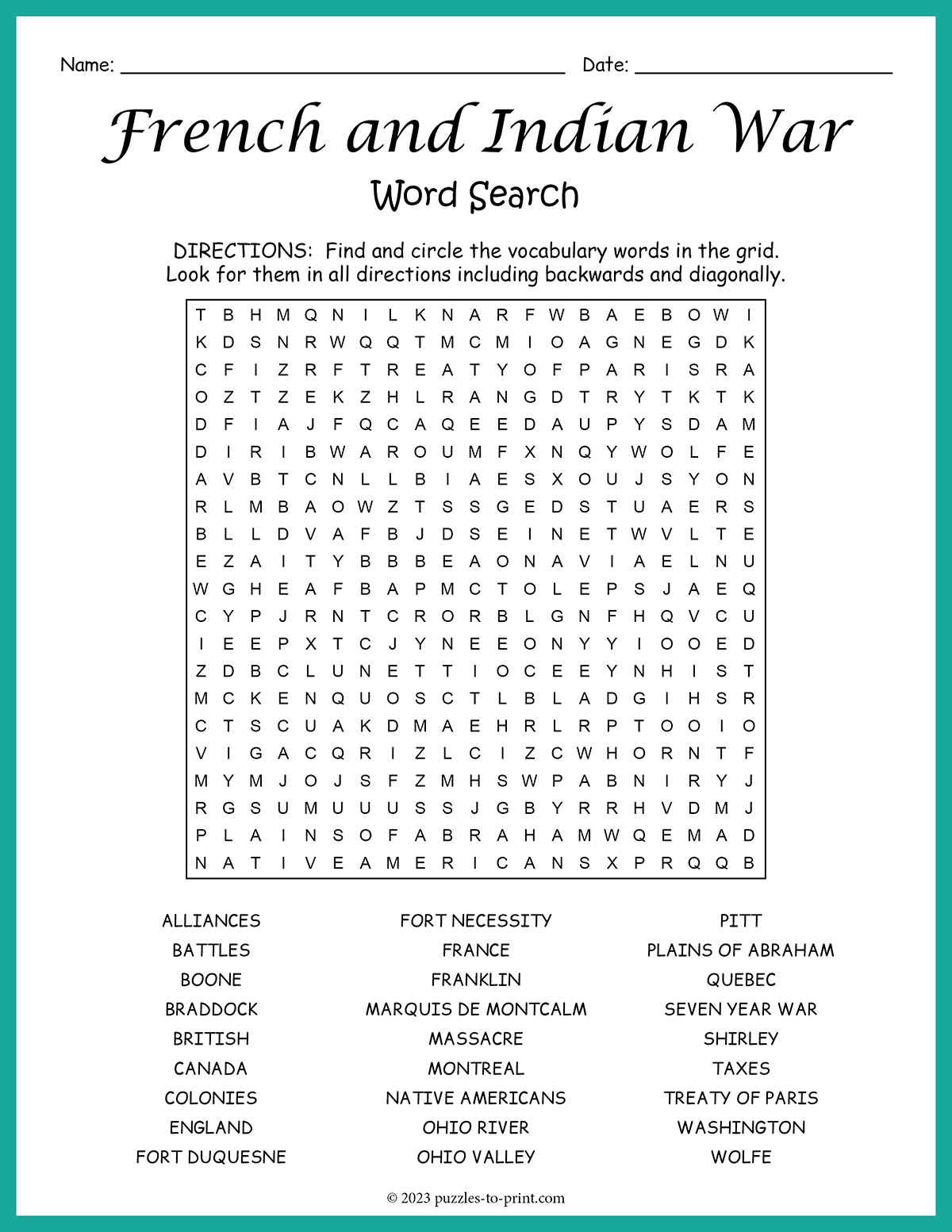 French And Indian War Word Search French And Indian War Word Search