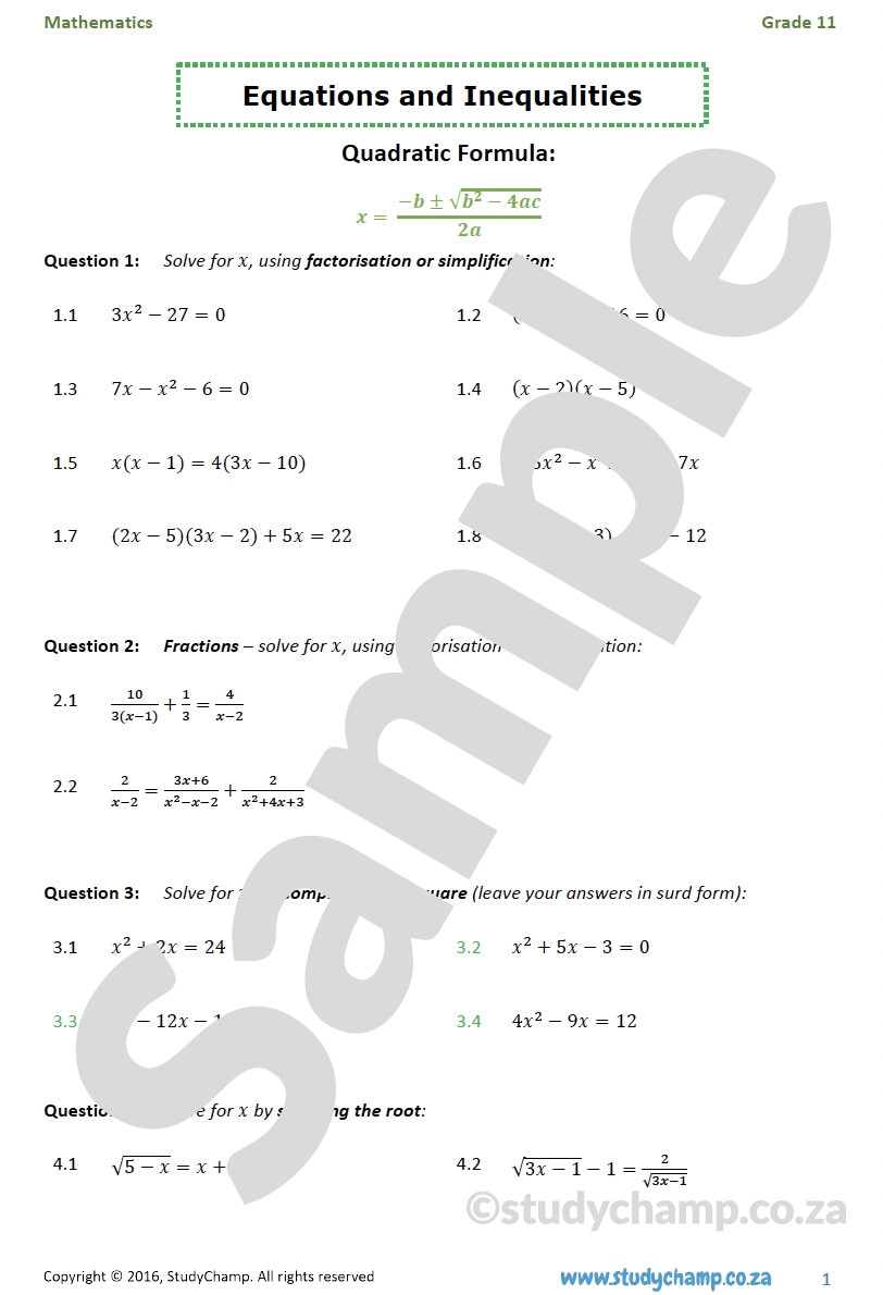 Grade 11 Mathematics Worksheet Equations And Inequalities