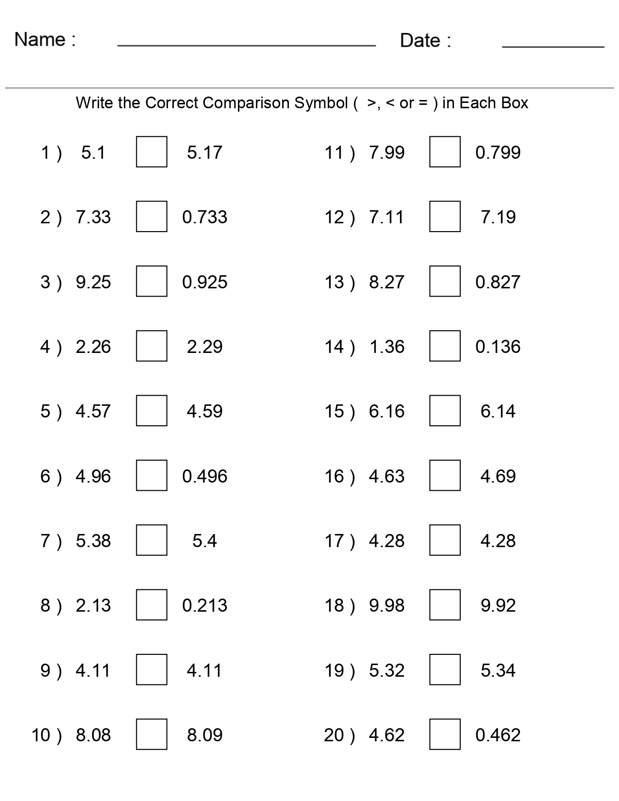 Greater Than Less Than Comparing Decimal Numbers Worksheets Made By Teachers