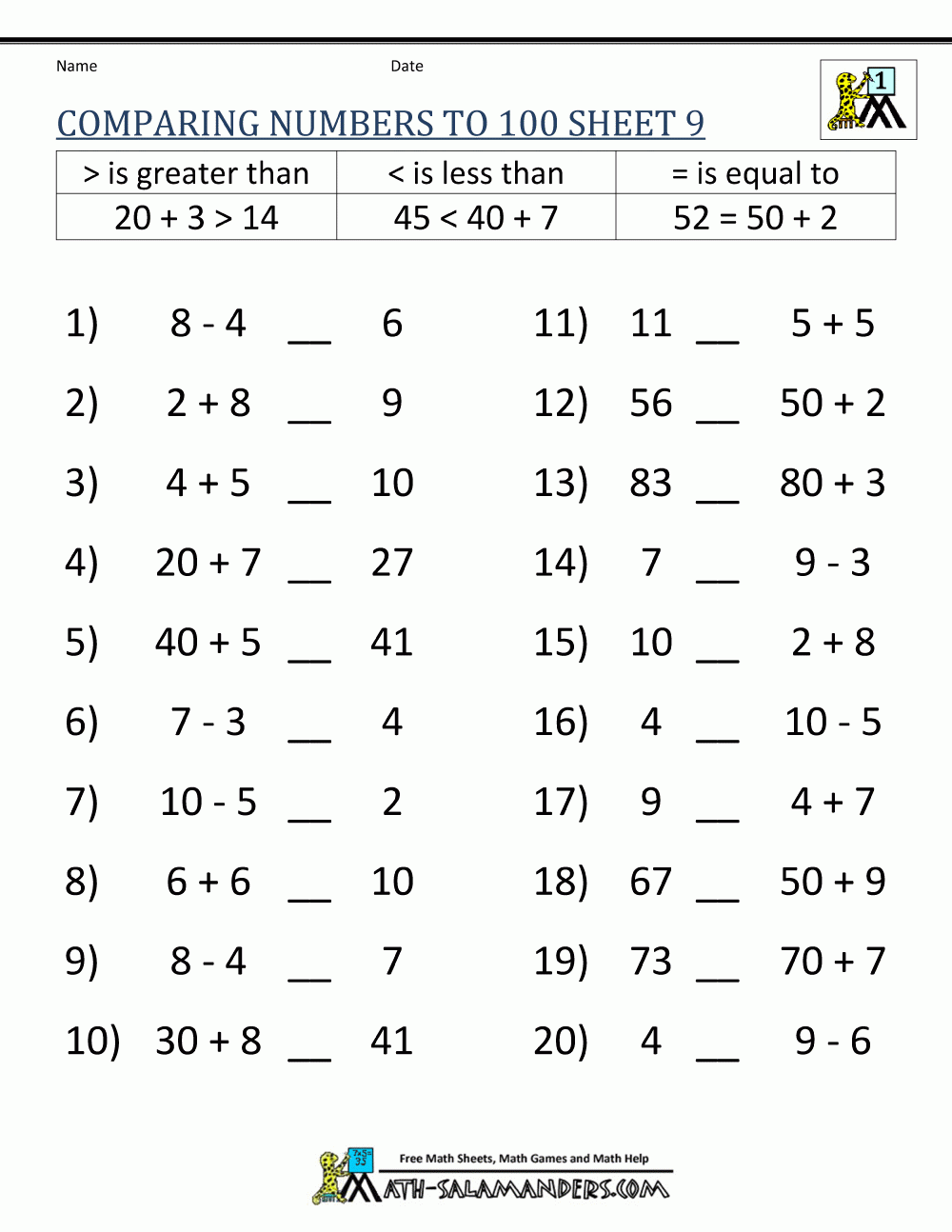 Greater Than Less Than Worksheet Comparing Numbers To 100 Greater Than Less Than Worksheet Comparing Numbers To 100