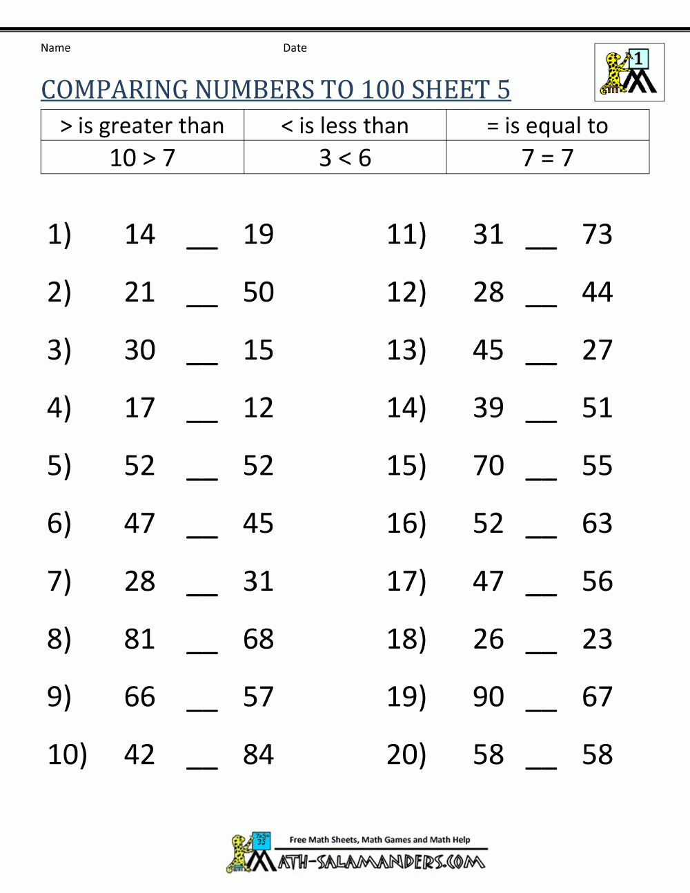 Greater Than Less Than Worksheet Comparing Numbers To 100 Worksheets Library
