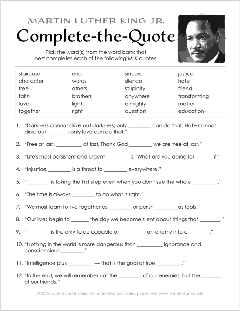 free printable martin luther king worksheets