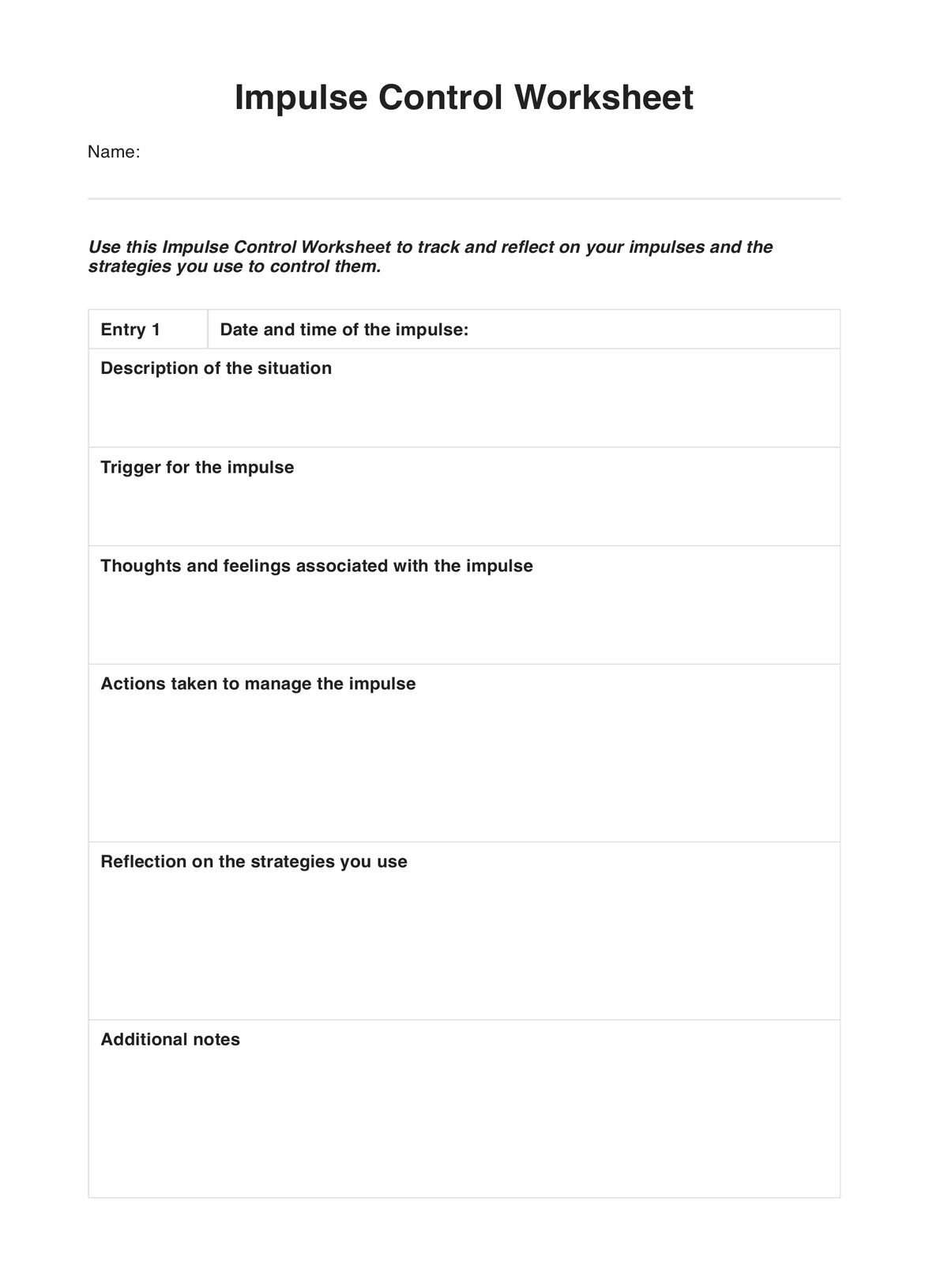 Impulse Control Worksheet Impulse Control Worksheet