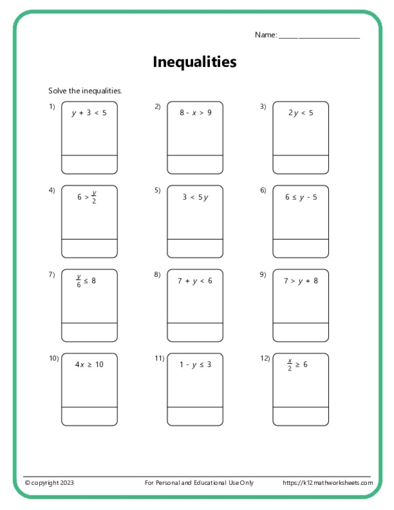 Inequalities Worksheets Inequalities Worksheets