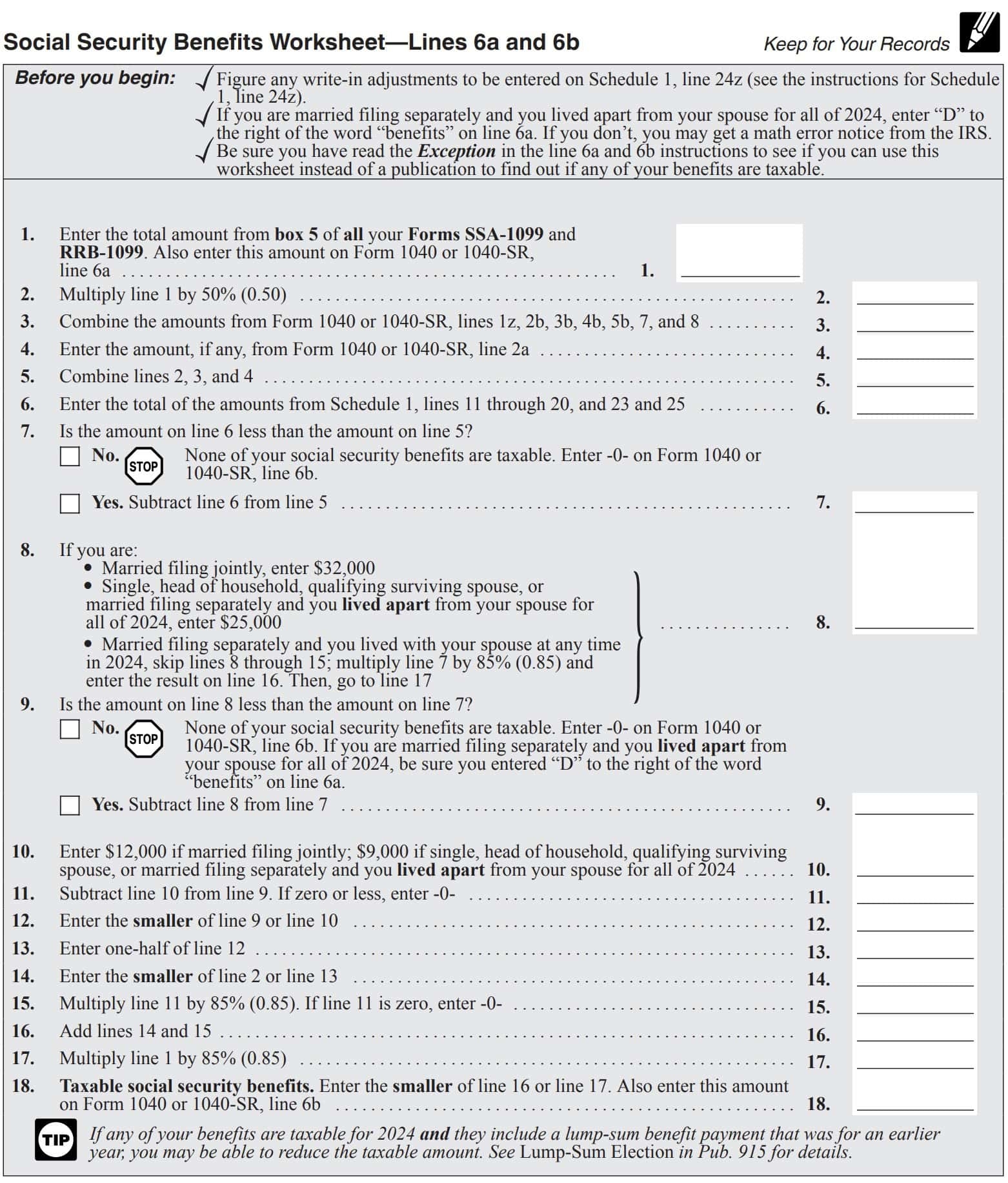 social security benefits worksheet 2024 printable
