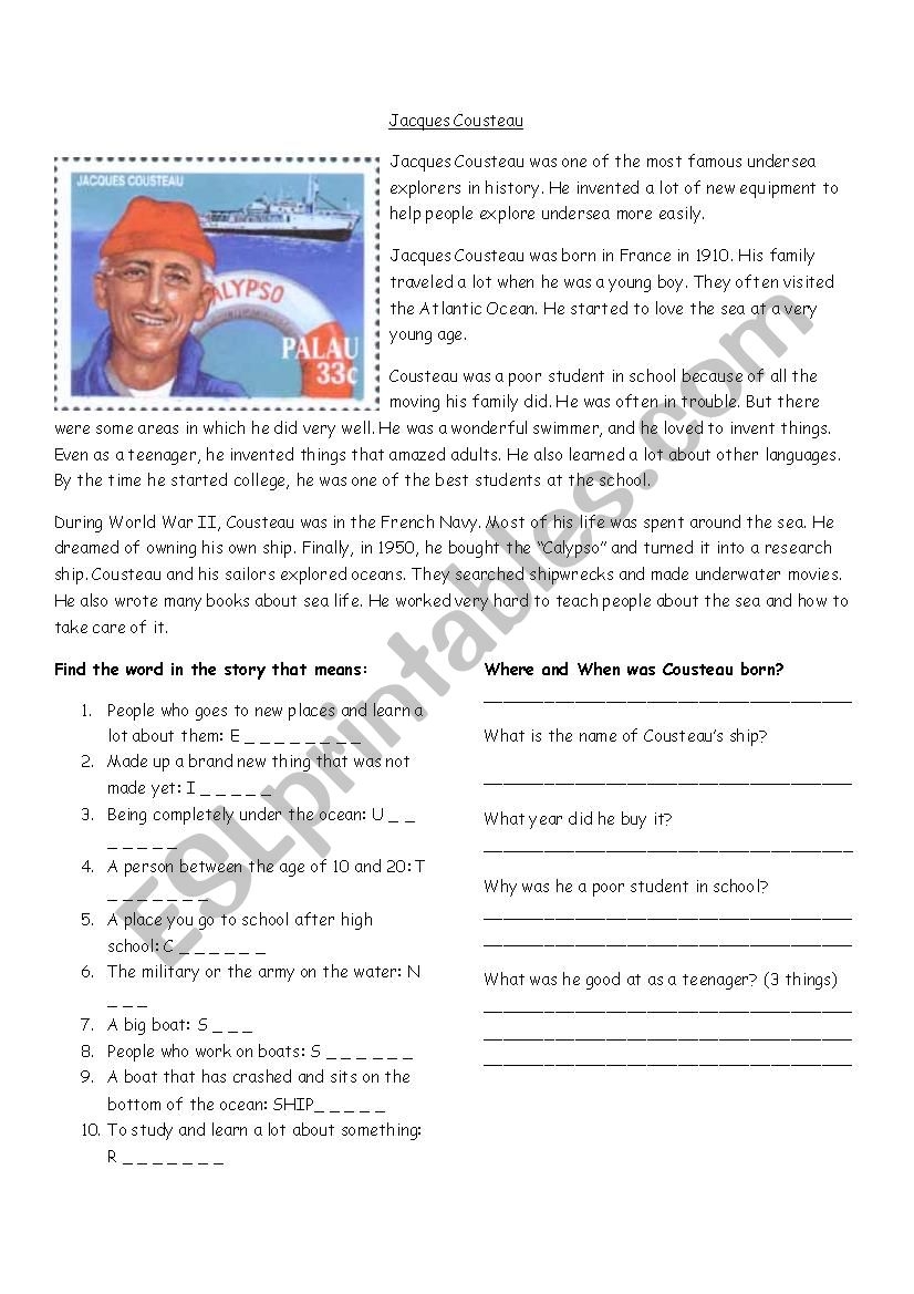 Jacques Cousteau Reading Activity ESL Worksheet By Miss a