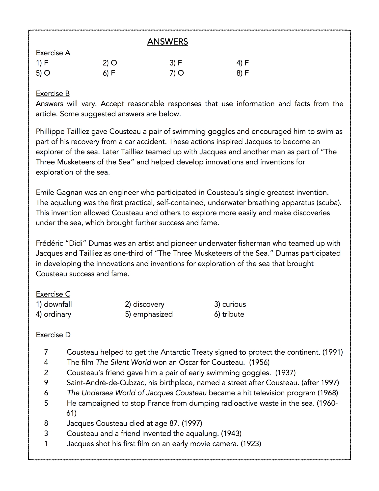 Jacques Cousteau The Commander Reading Comprehension Passage And Assessment Classful