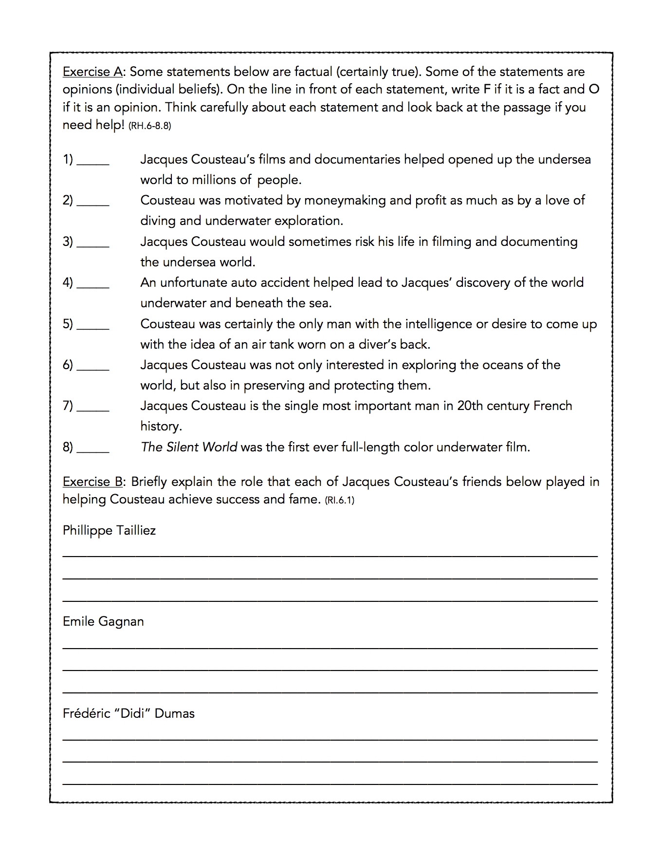 Jacques Cousteau The Commander Reading Comprehension Passage And Assessment Classful
