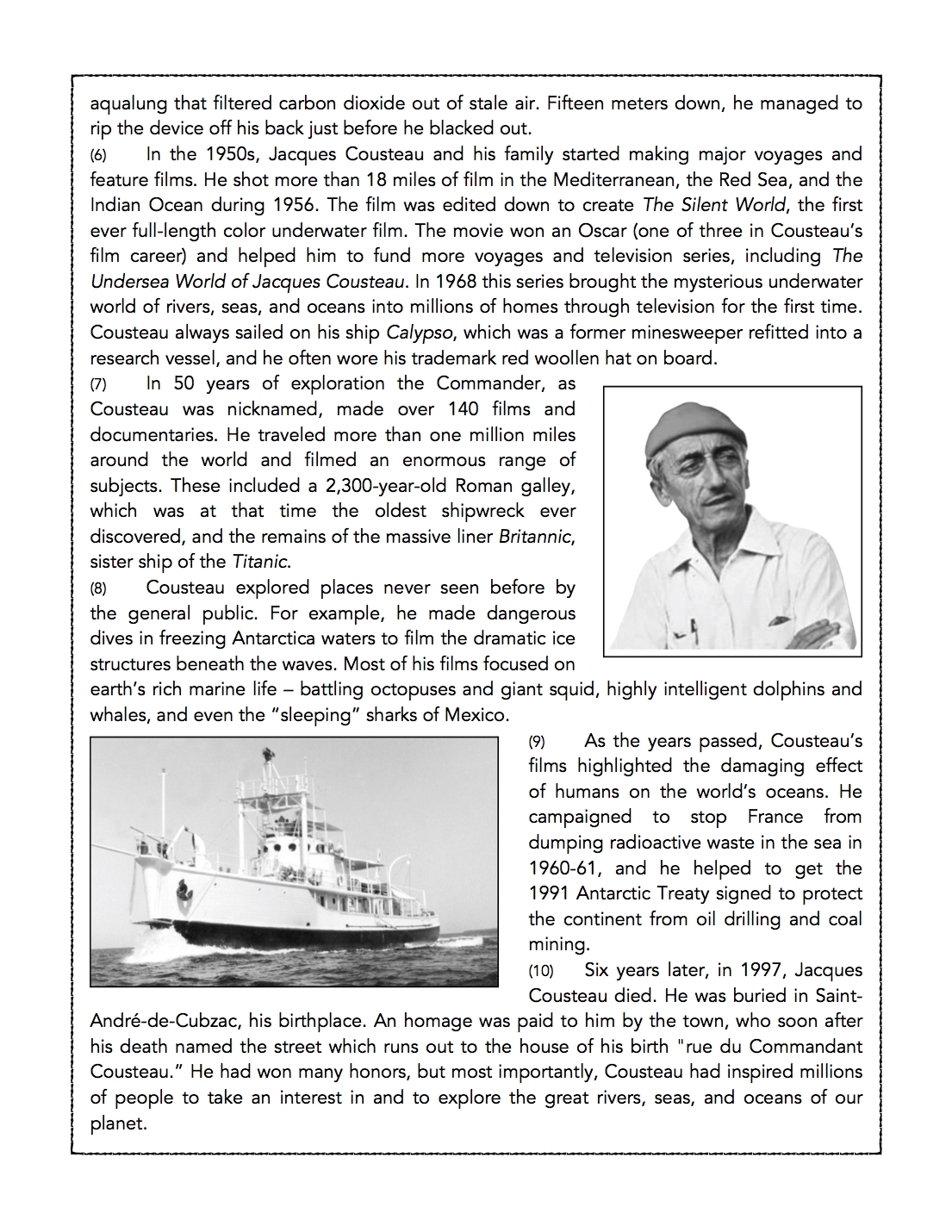 Jacques Cousteau Reading Comprehension
