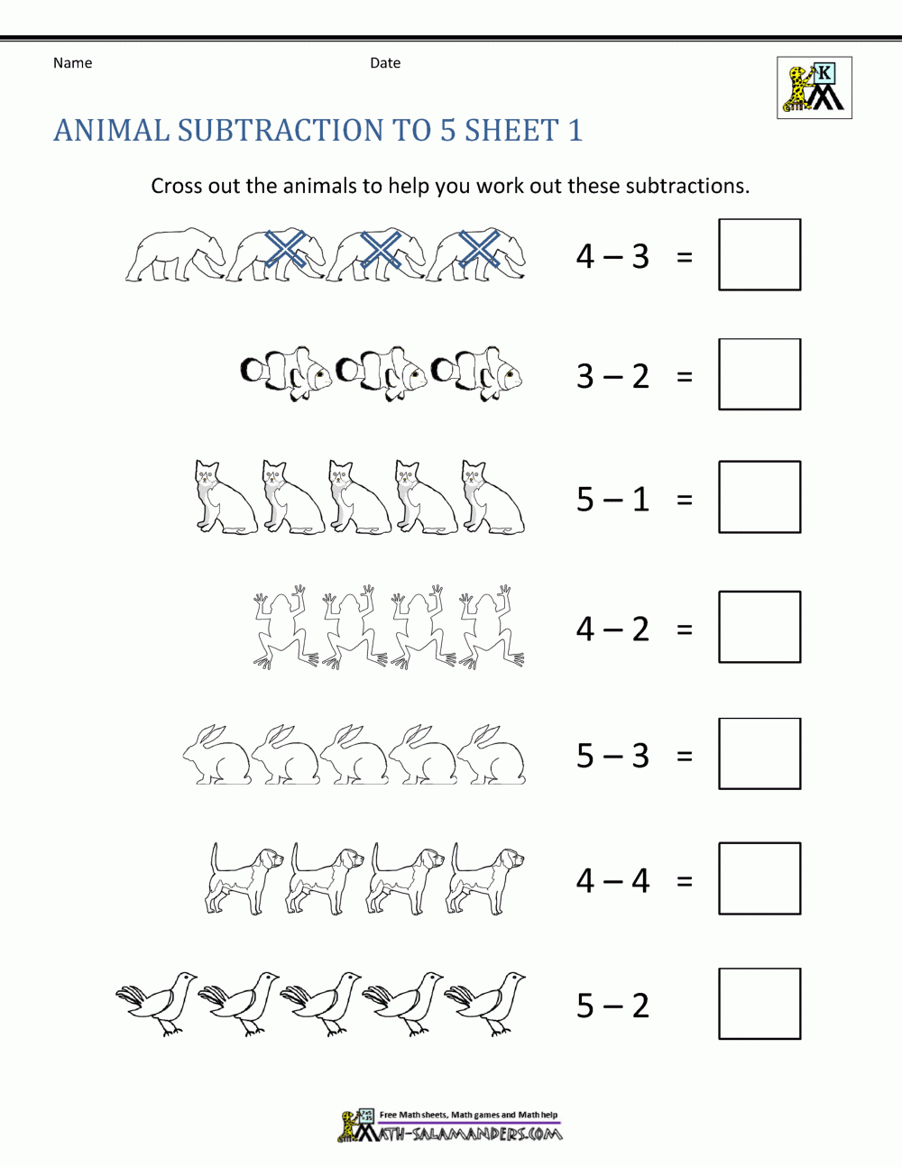 free printable math subtraction worksheets for kindergarten