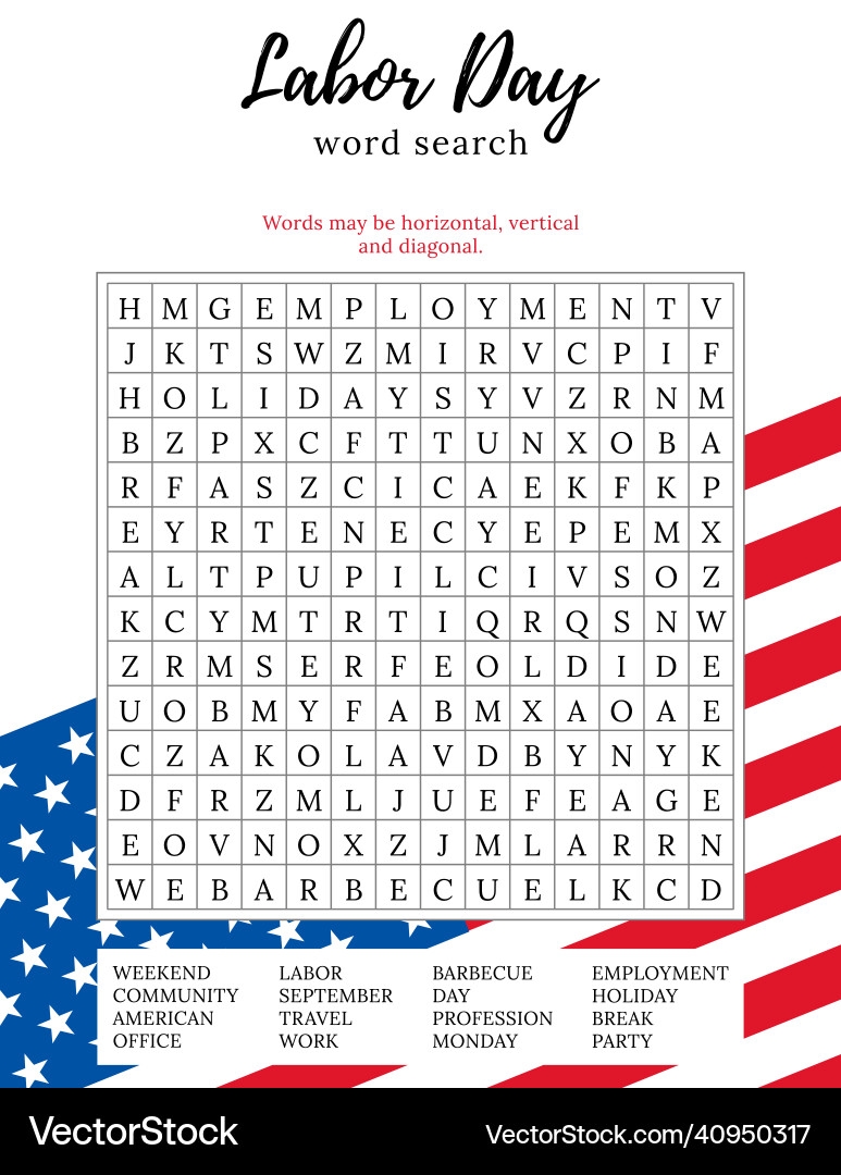 Labor Day Word Search Puzzle Printable Vector Image