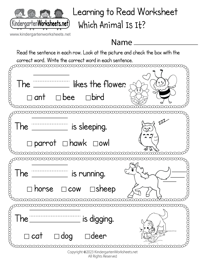Worksheets For Kindergarten Reading Free Printable