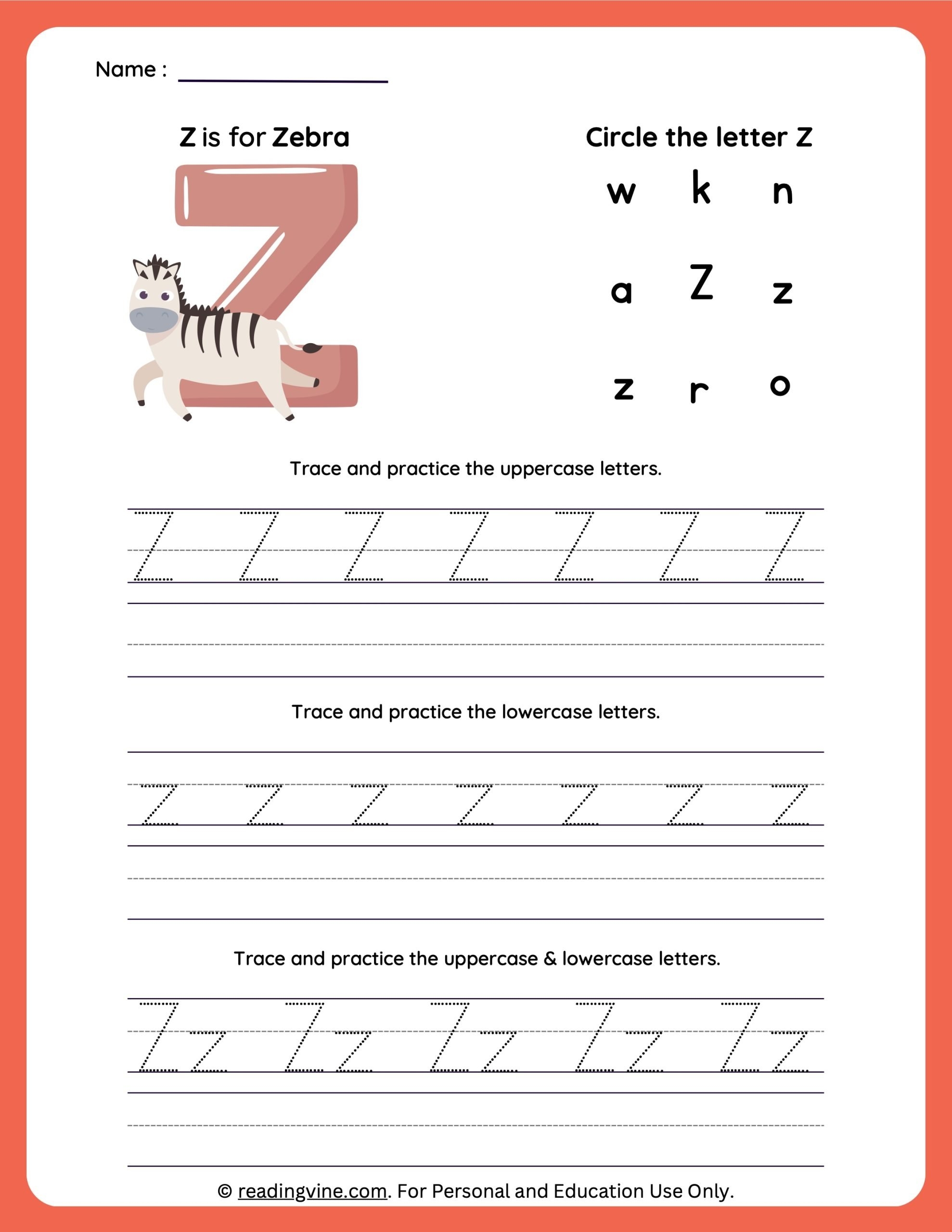 Letter Z Tracing Worksheets For Preschool