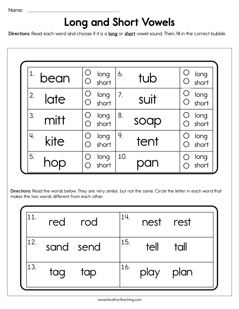 Long And Short Vowel Sounds Exercises
