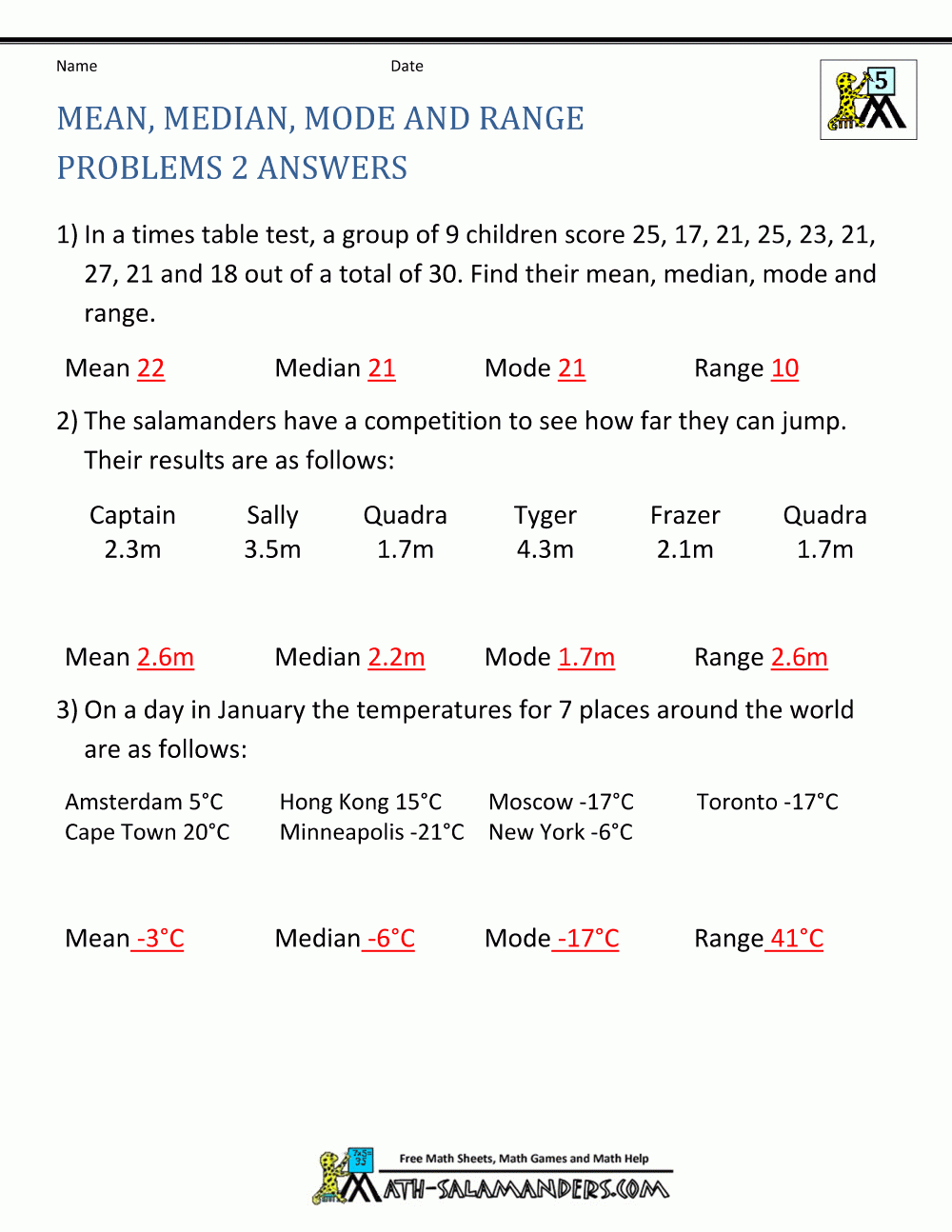 median mean mode and range worksheets