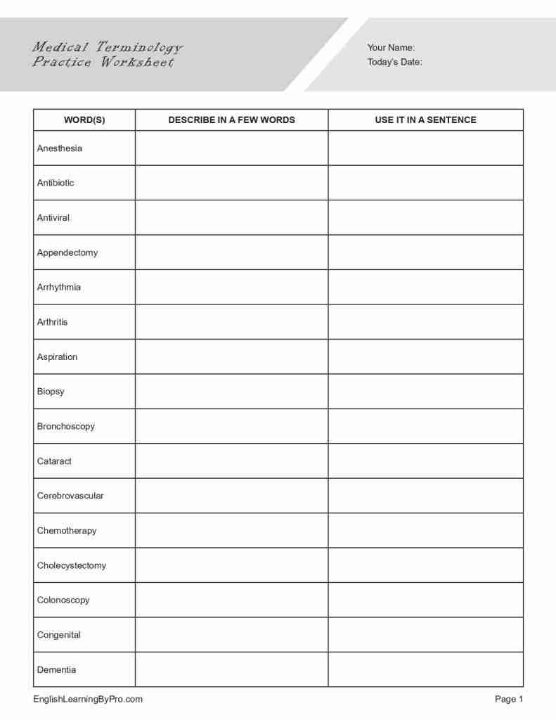free printable medical terminology worksheets