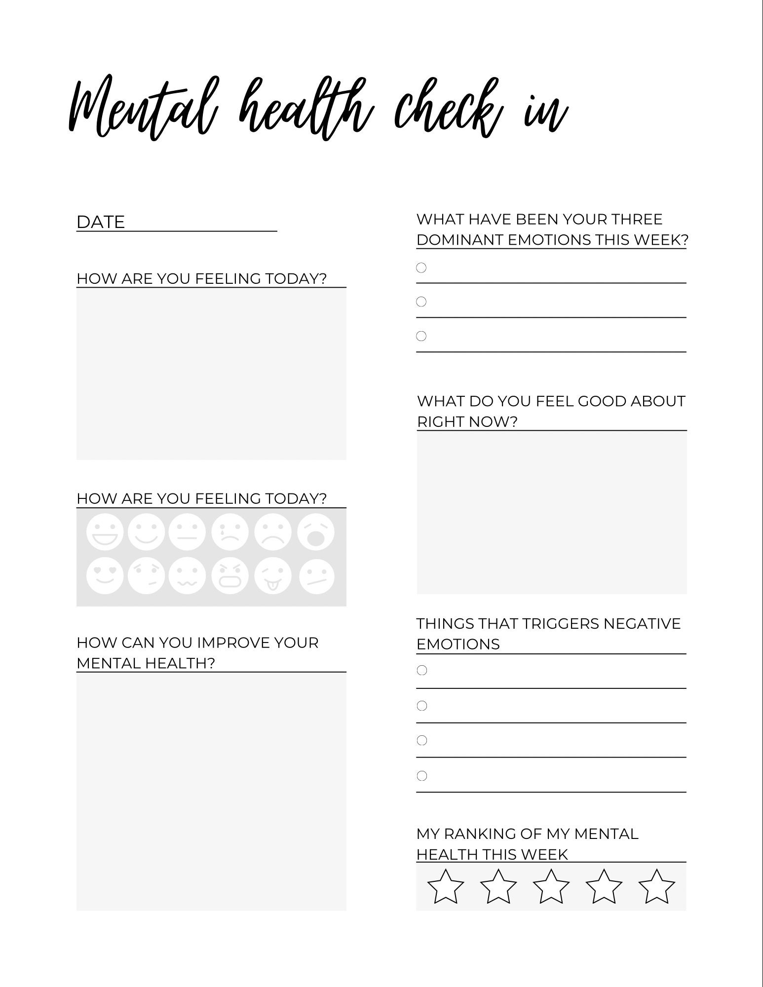mental health printable worksheets