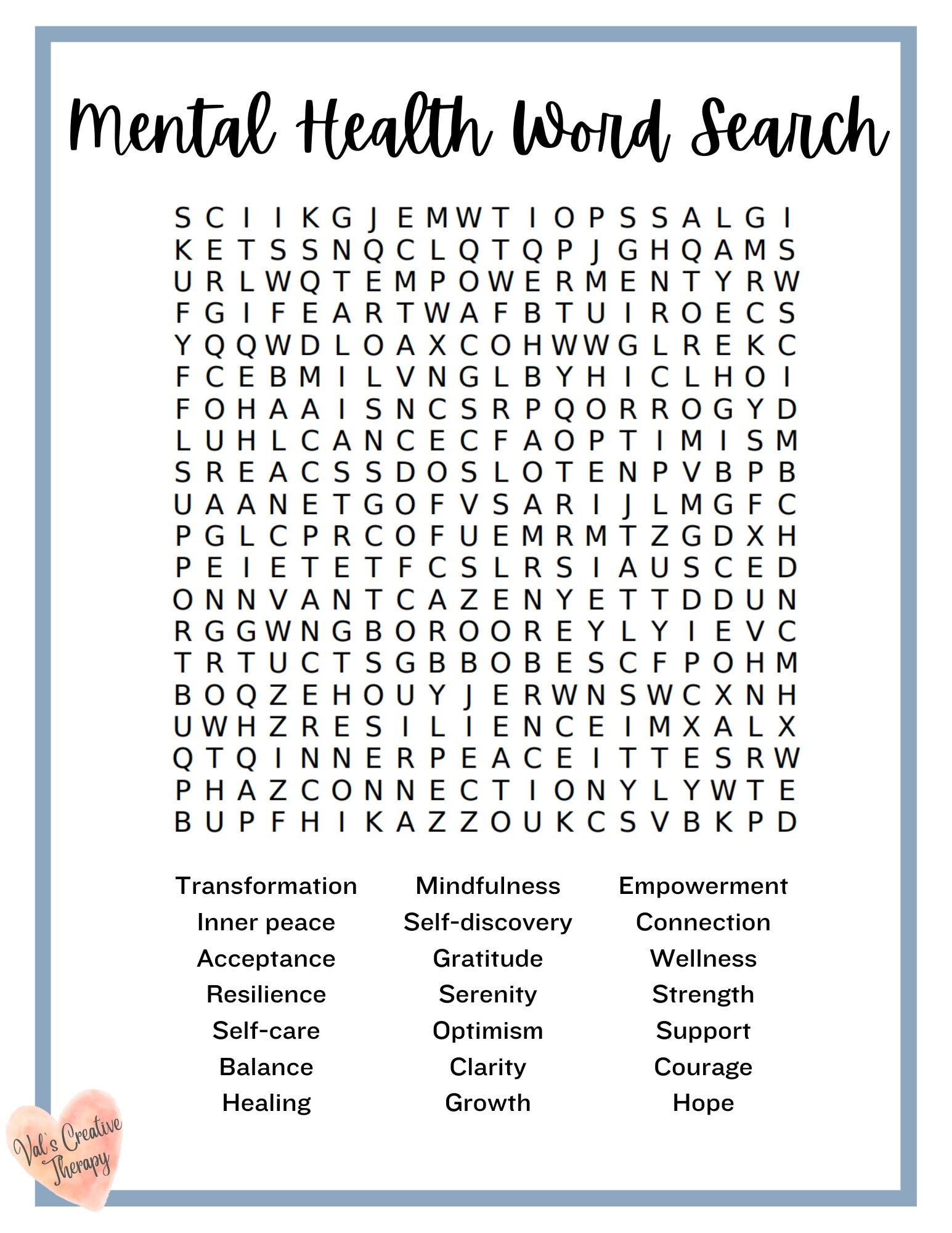 Mental Health Crossword Calming Crossword Puzzle Feel Good Puzzle Etsy