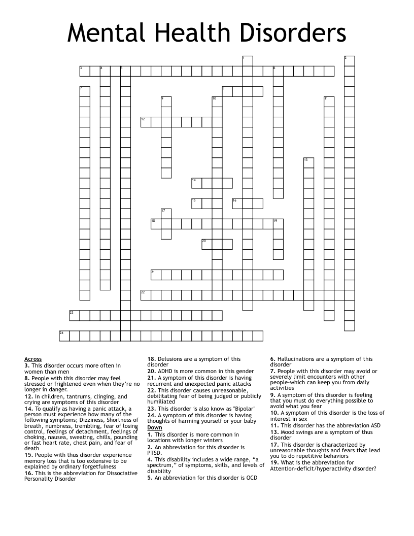 mental health crossword puzzle